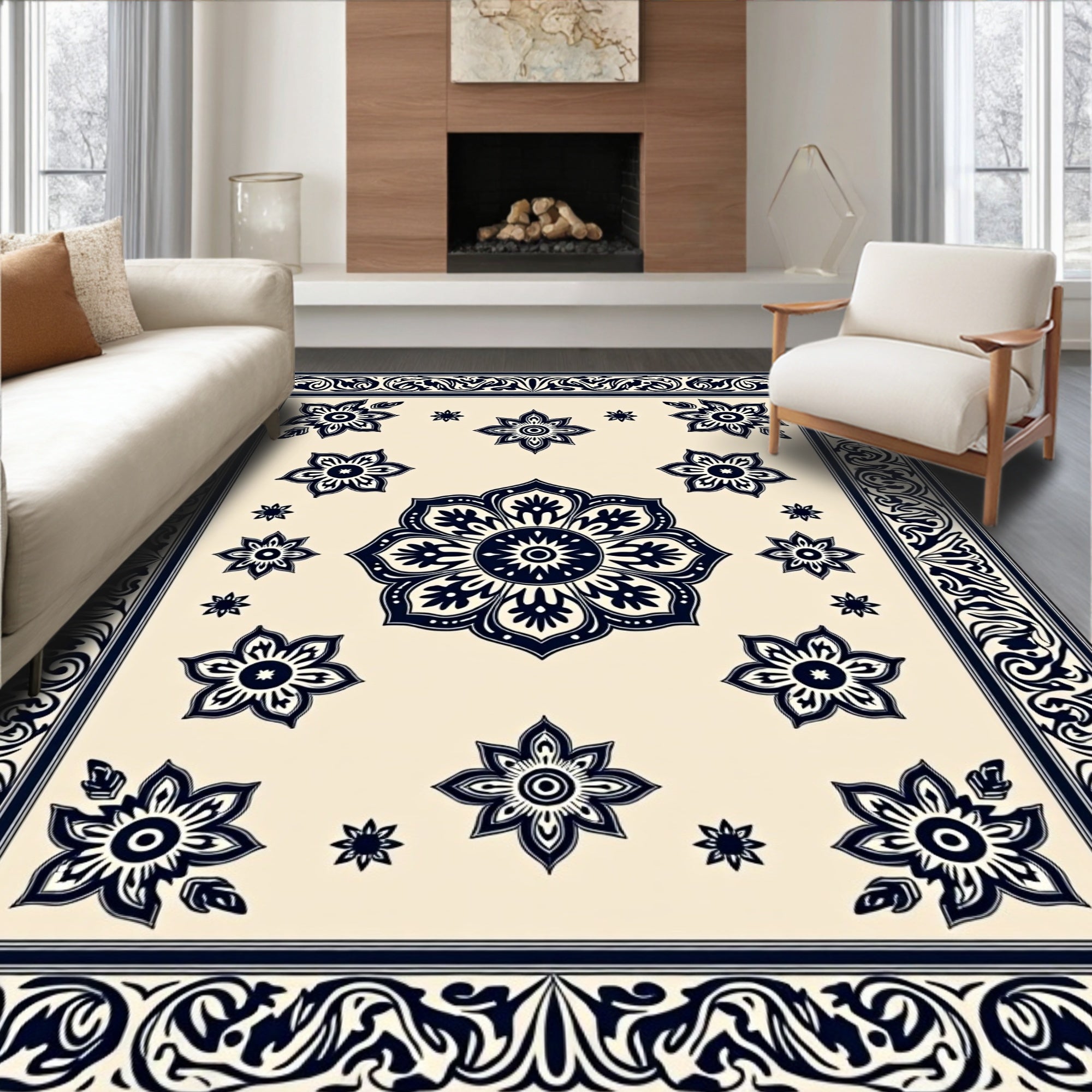Elegant Floral Medallion Border Design Rug