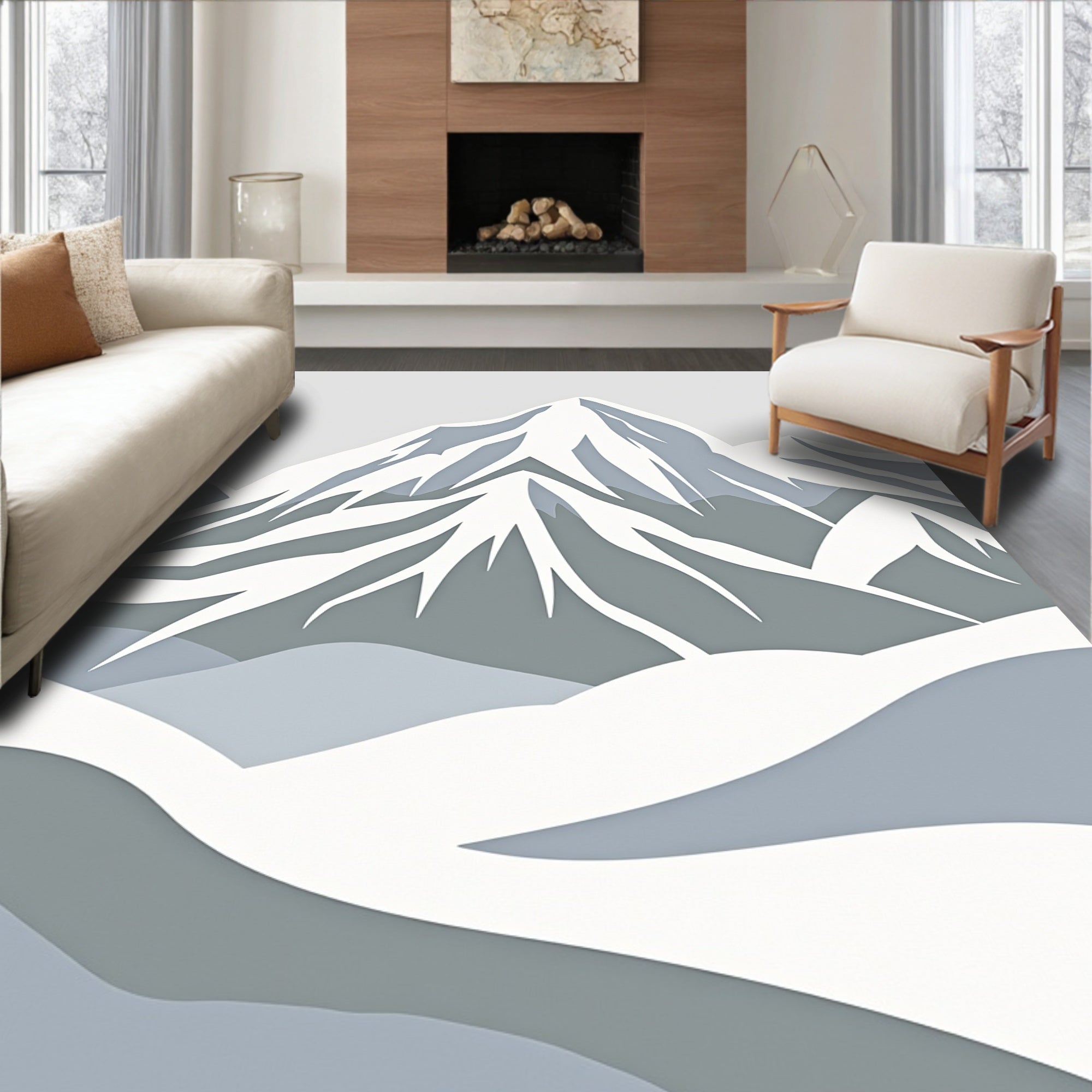 Stylized Snow-Capped Mountain Landscape Rug