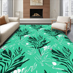 Bold Green Leaf With White Floral Pattern Rug