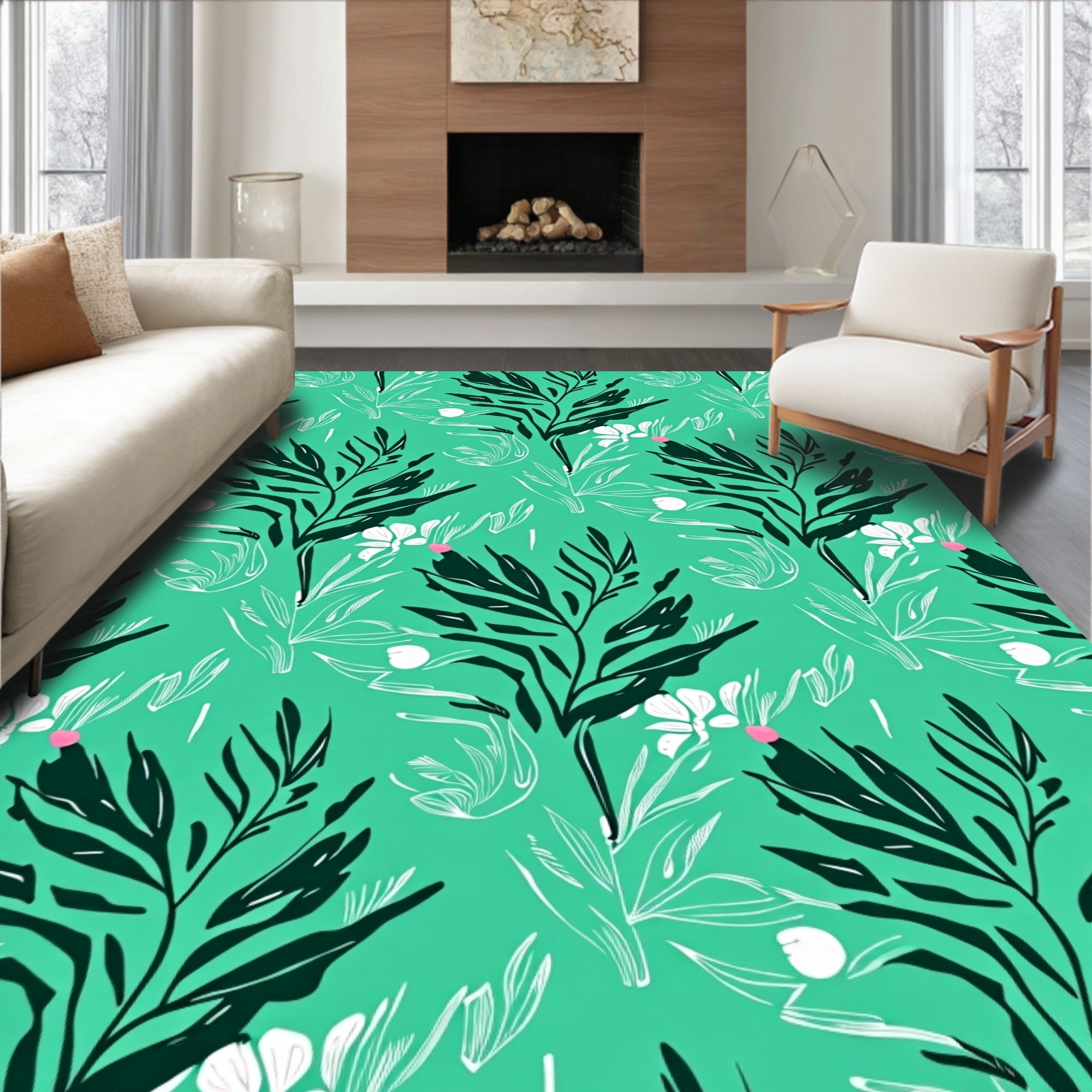 Bold Green Leaf With White Floral Pattern Rug
