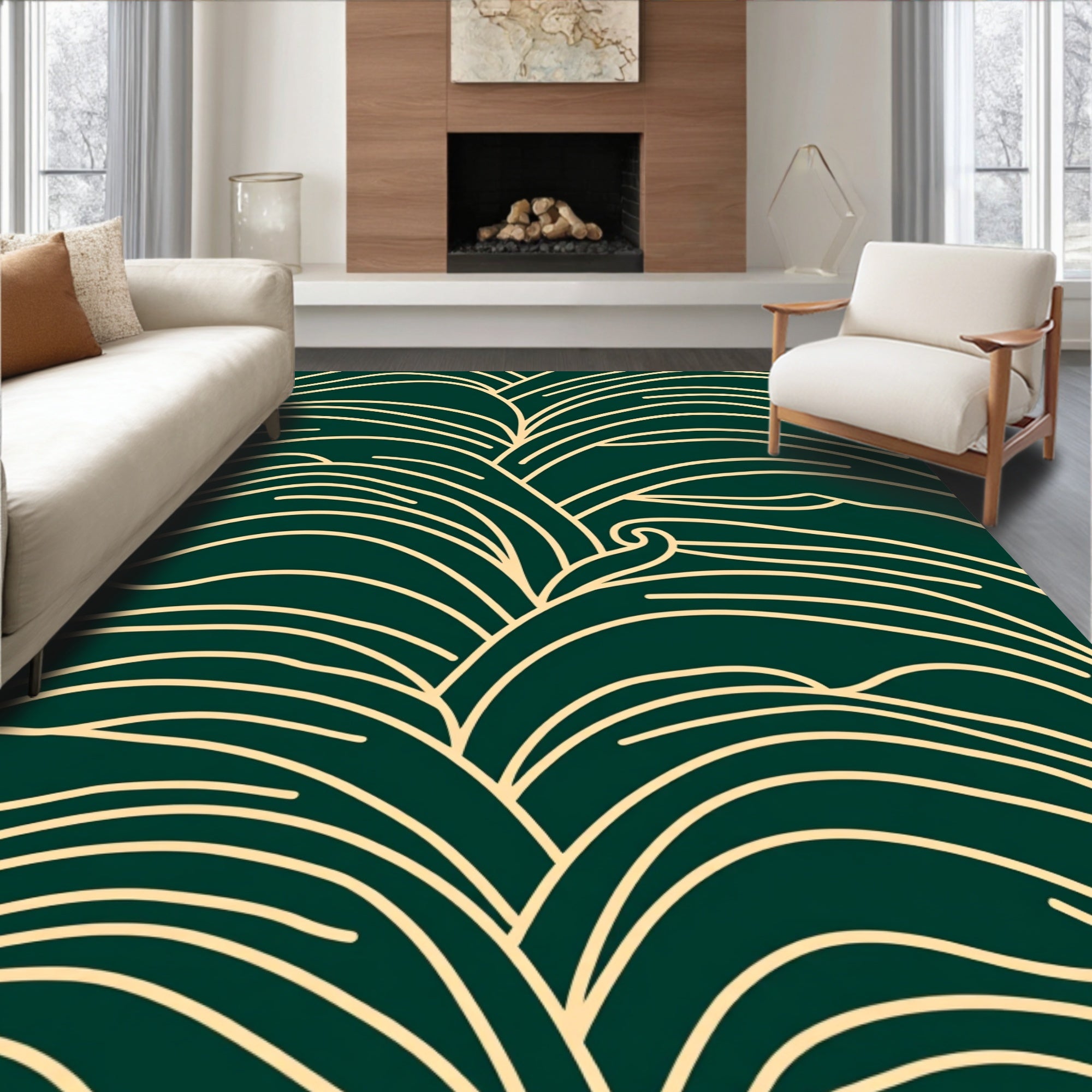 Organic Flowing Gold Line Pattern Rug