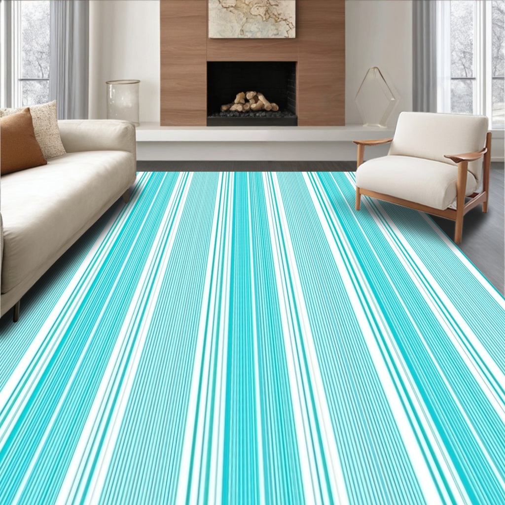 Aqua And White Vertical Stripes Rug
