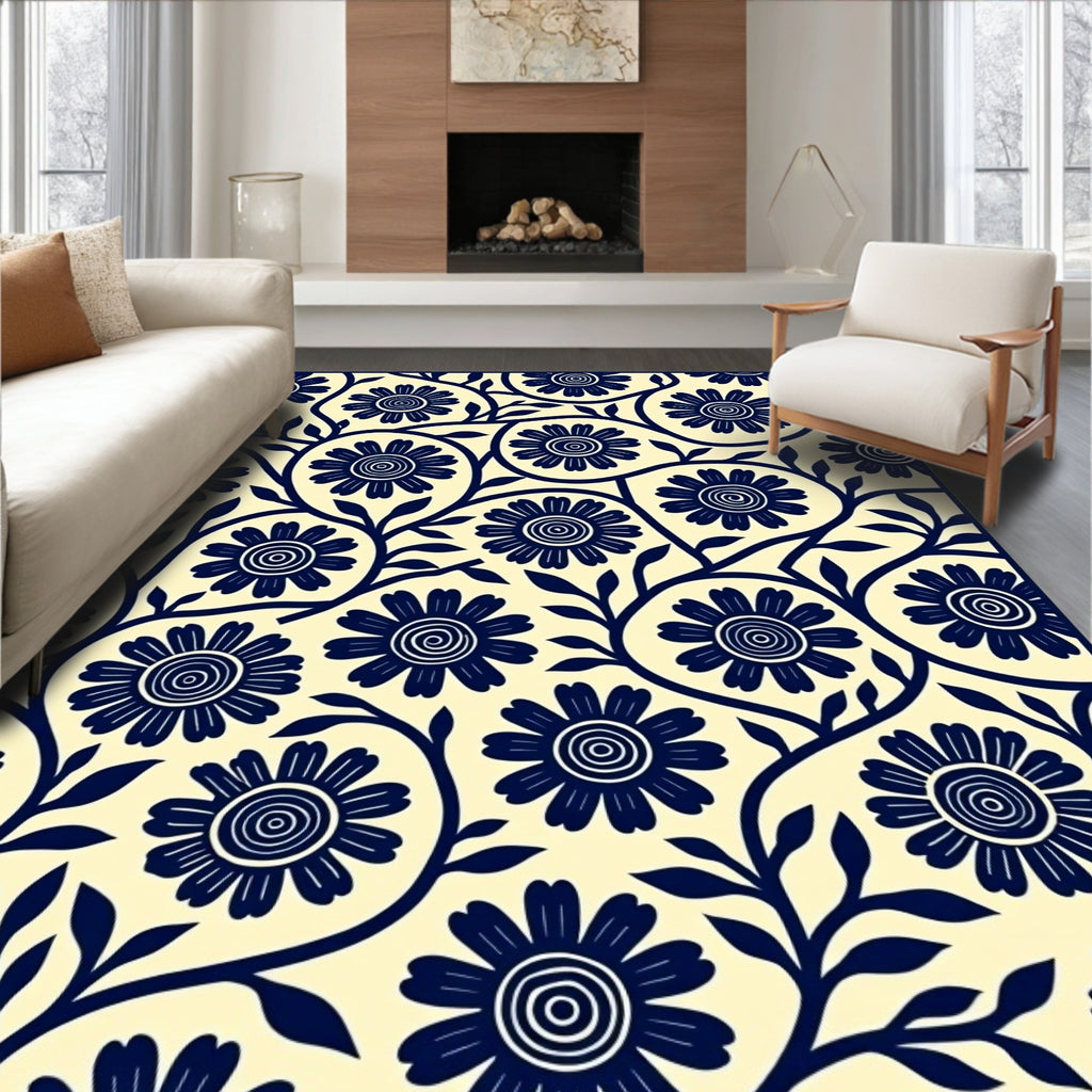 Classic Navy Floral Vine Pattern Rug