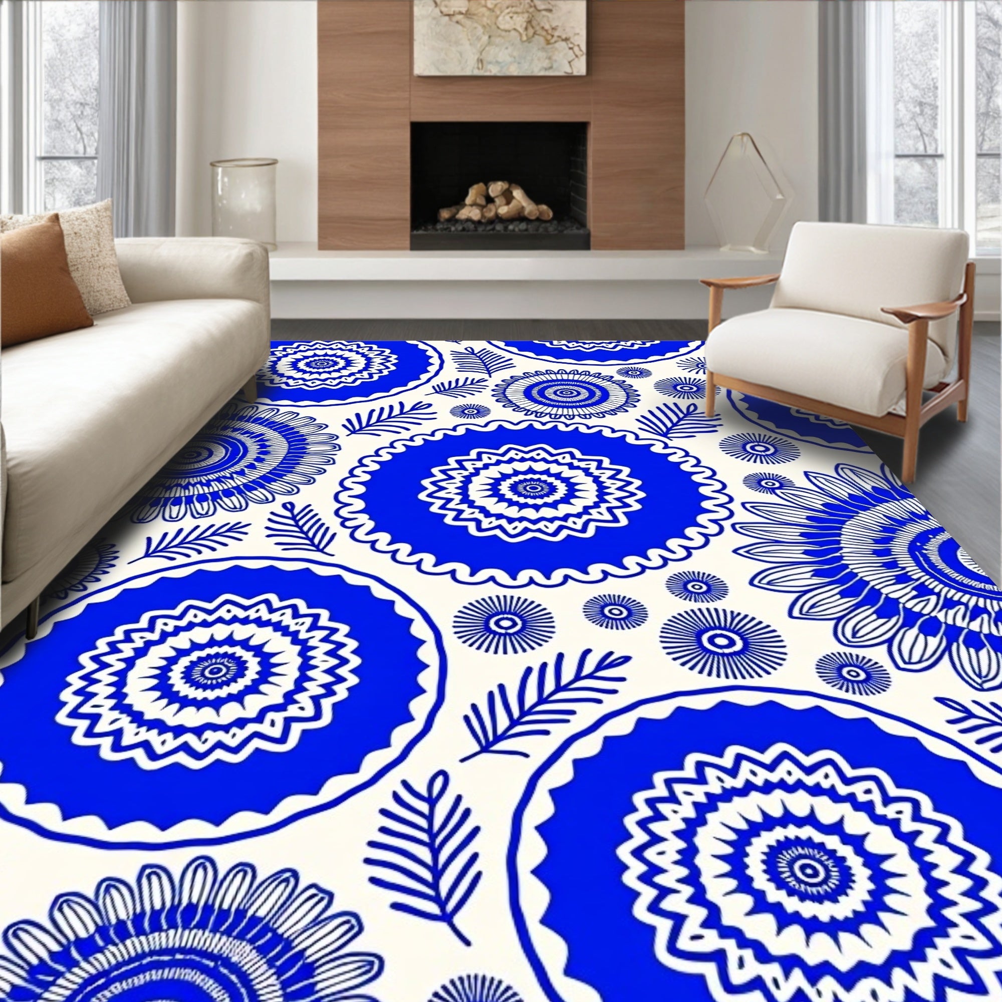 Vibrant Blue Sunburst Medallion Pattern Rug