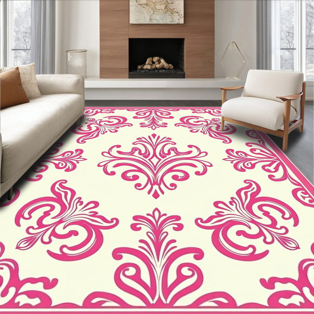 Elegant Pink Floral Damask Pattern Rug