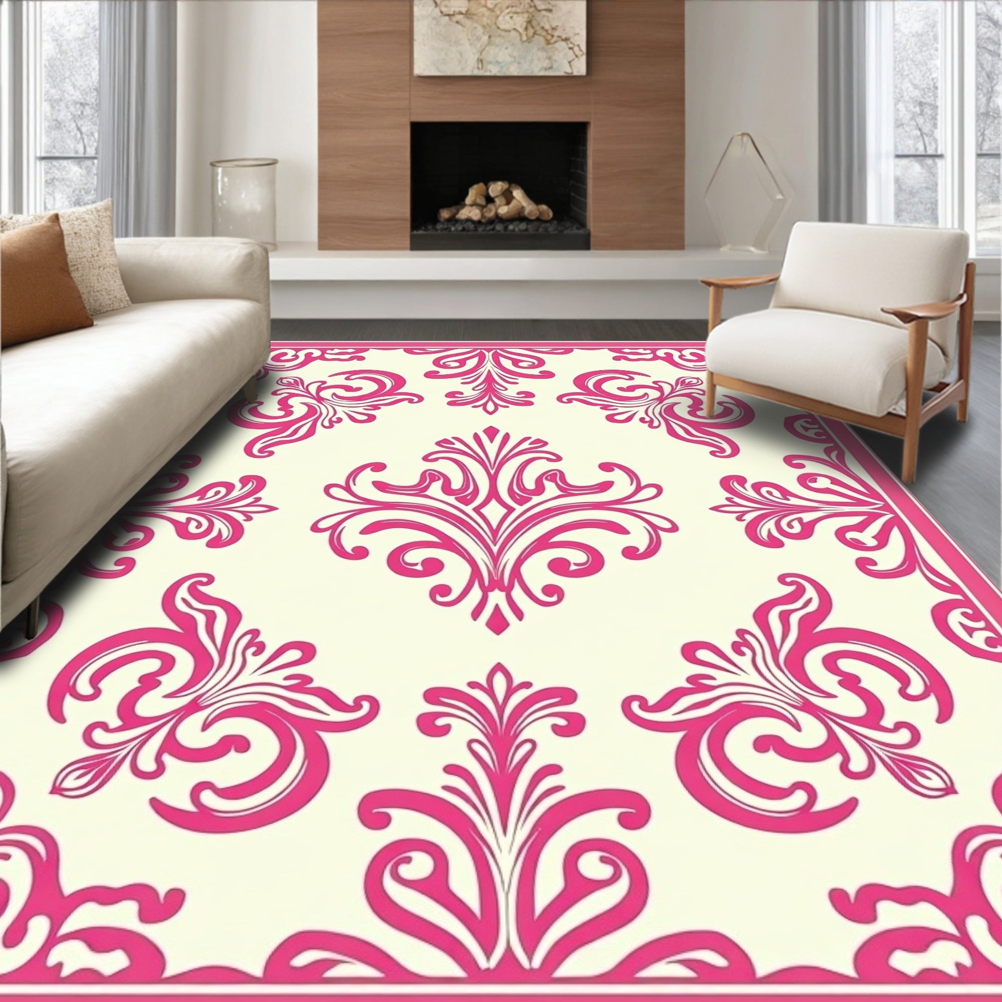 Elegant Pink Floral Damask Pattern Rug