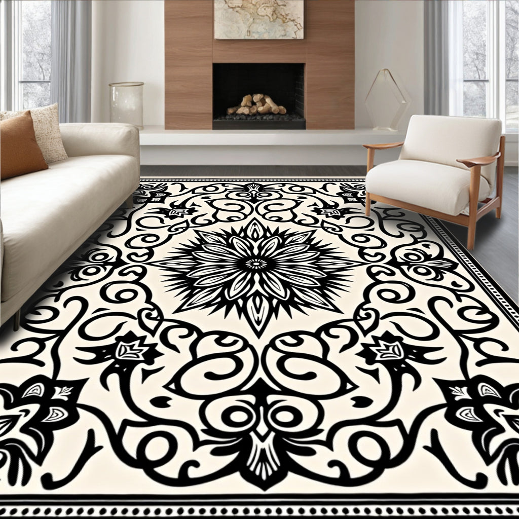 Intricate Black Floral Scroll Pattern Rug