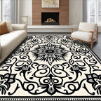 Intricate Black Floral Scroll Pattern Rug