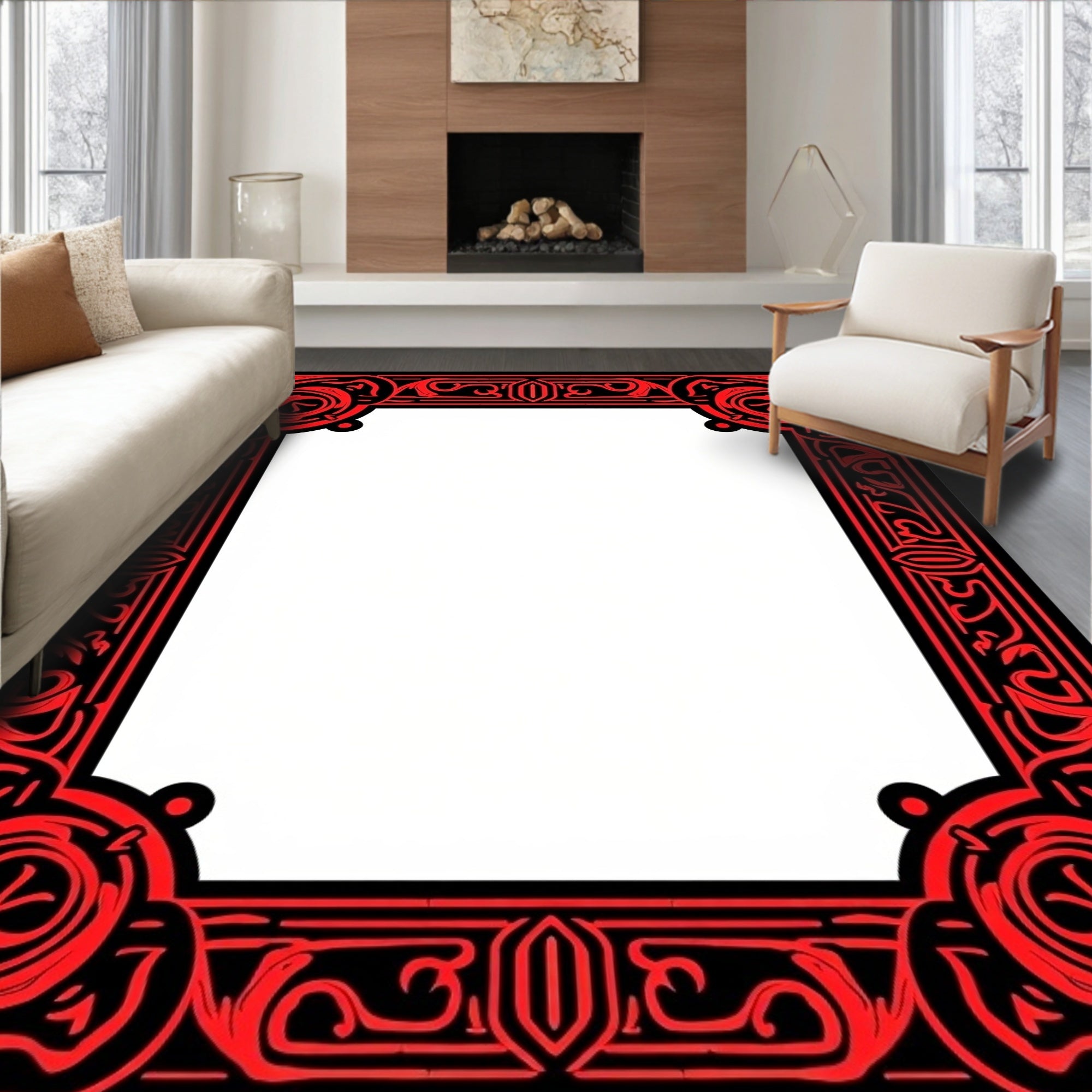 Bold Red Black Ornate Pattern Rug
