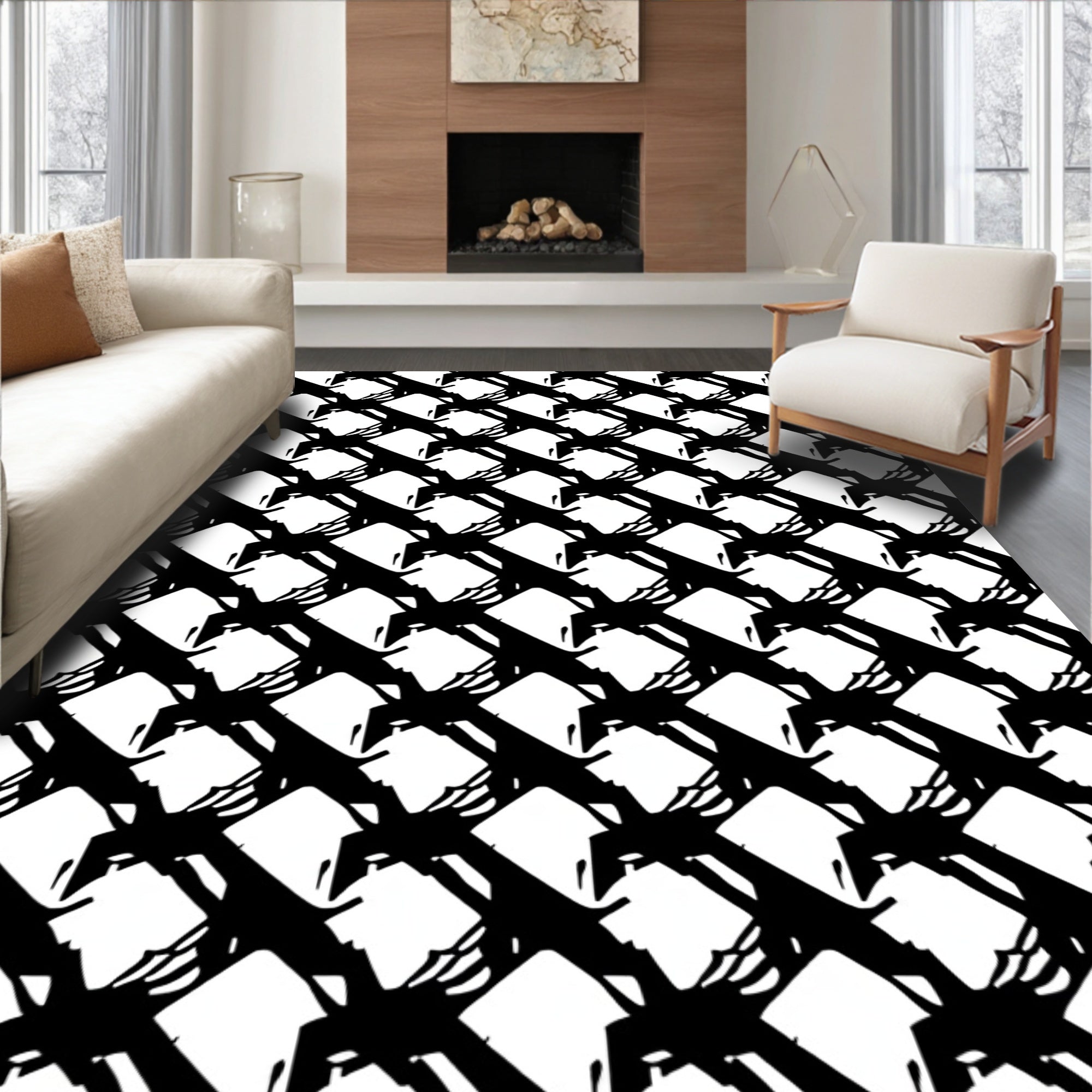 Bold Black White Geometric Tesselation Rug