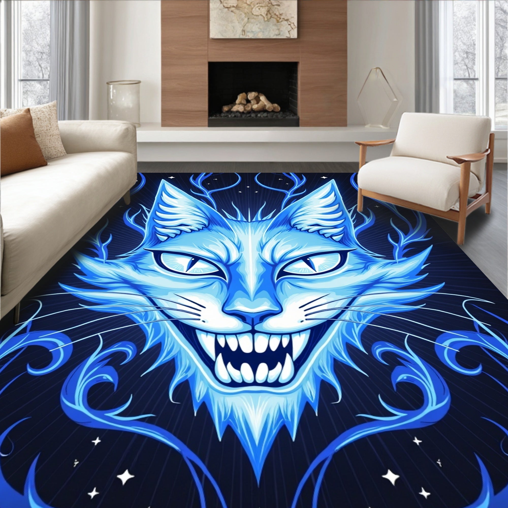 Electric Blue Mystical Cat Design Rug