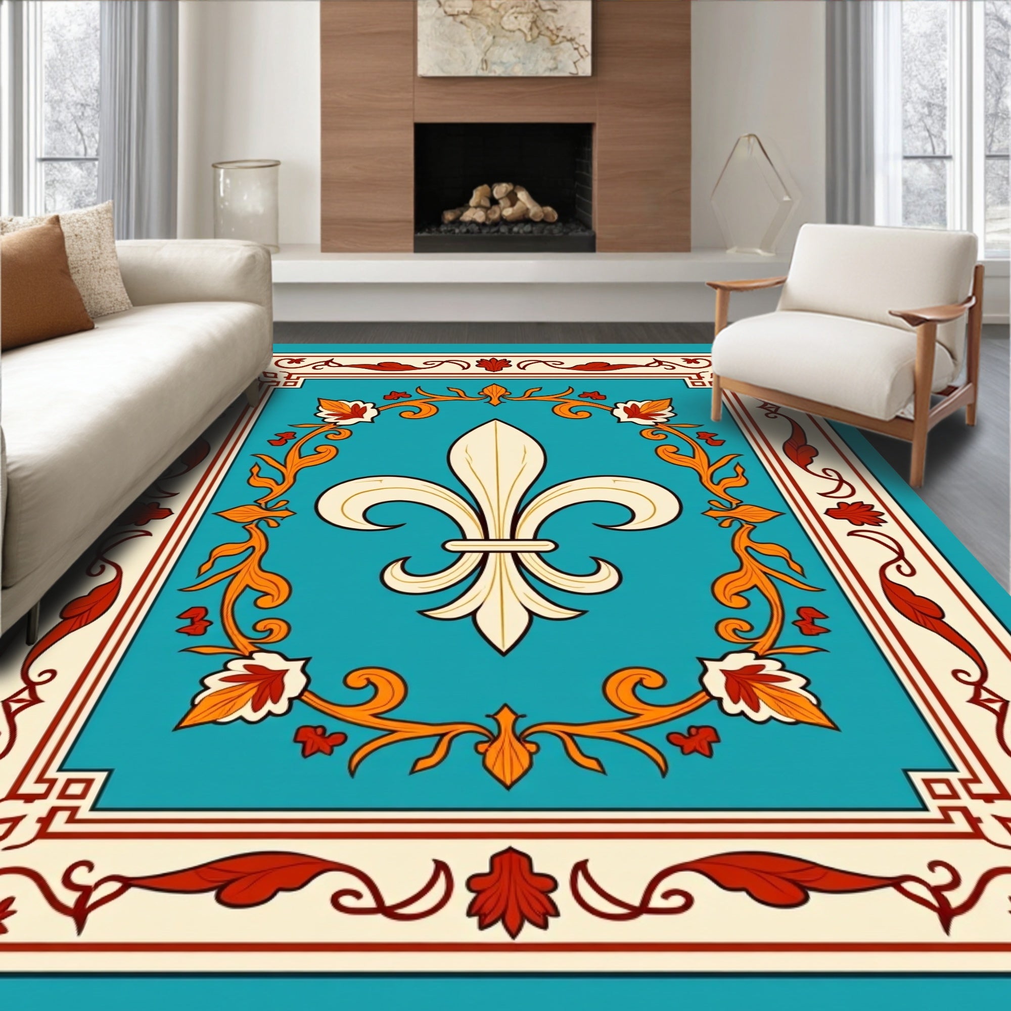 Fleur De Lis Floral Border Design Rug