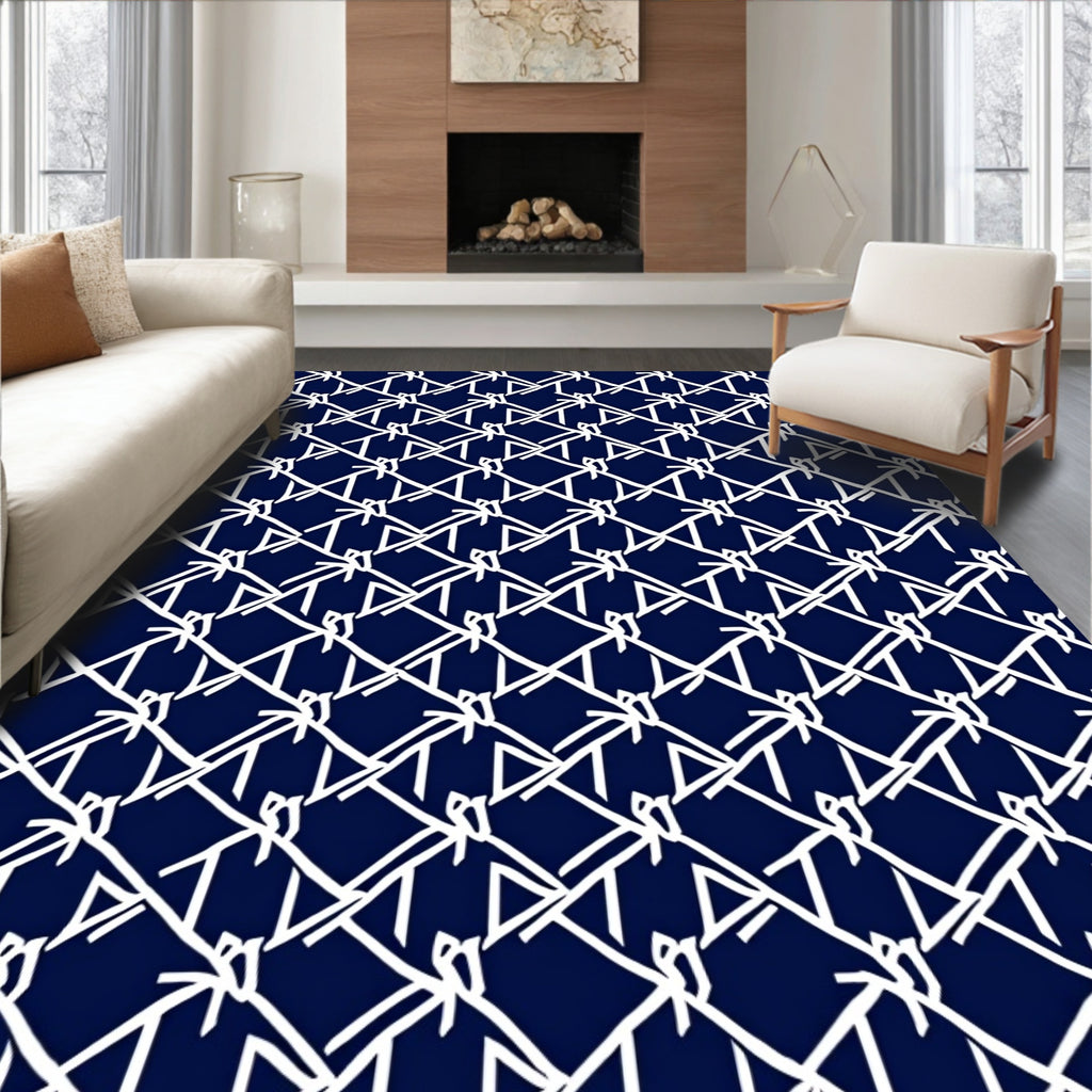 Navy White Diamond Intersecting Line Pattern Rug