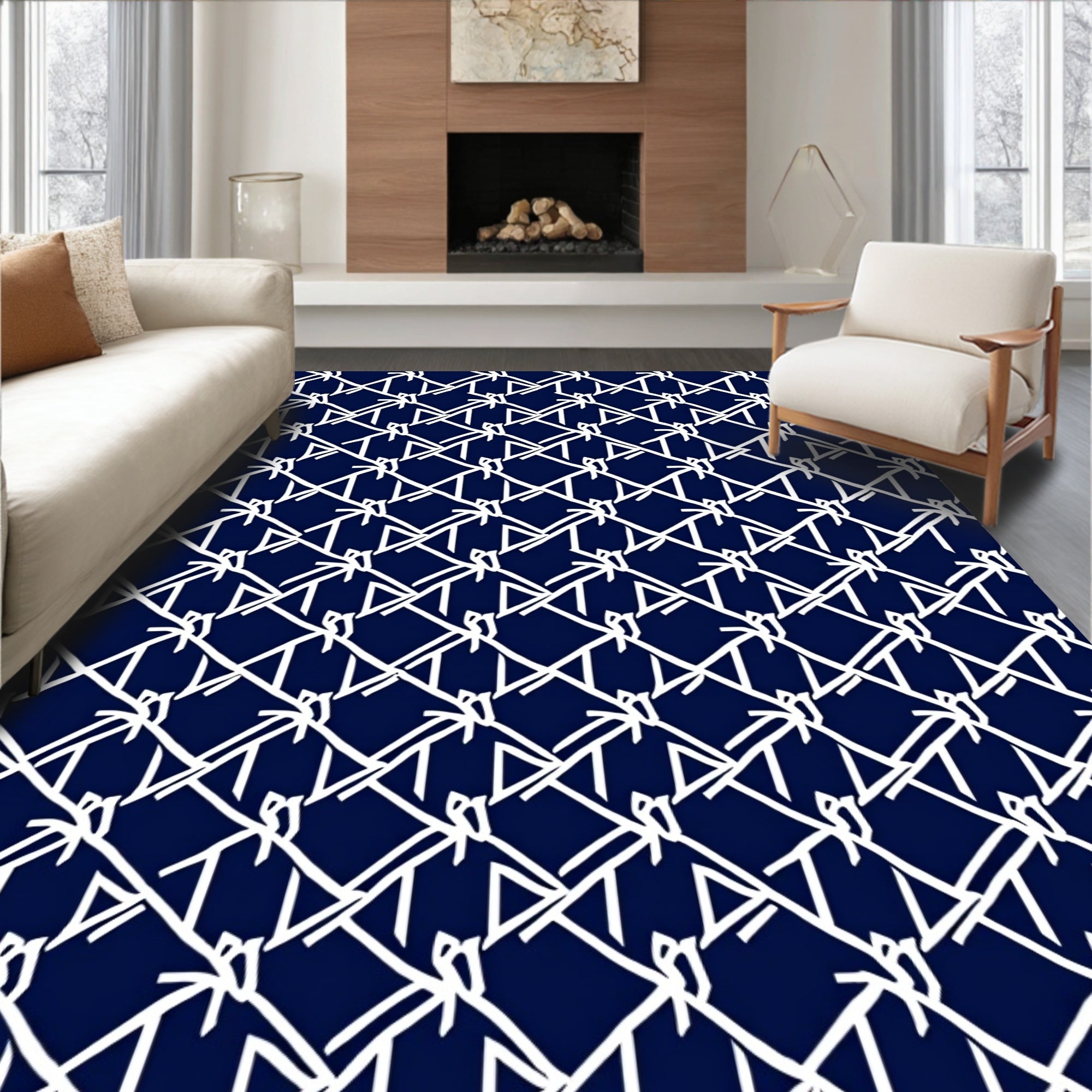 Navy White Diamond Intersecting Line Pattern Rug