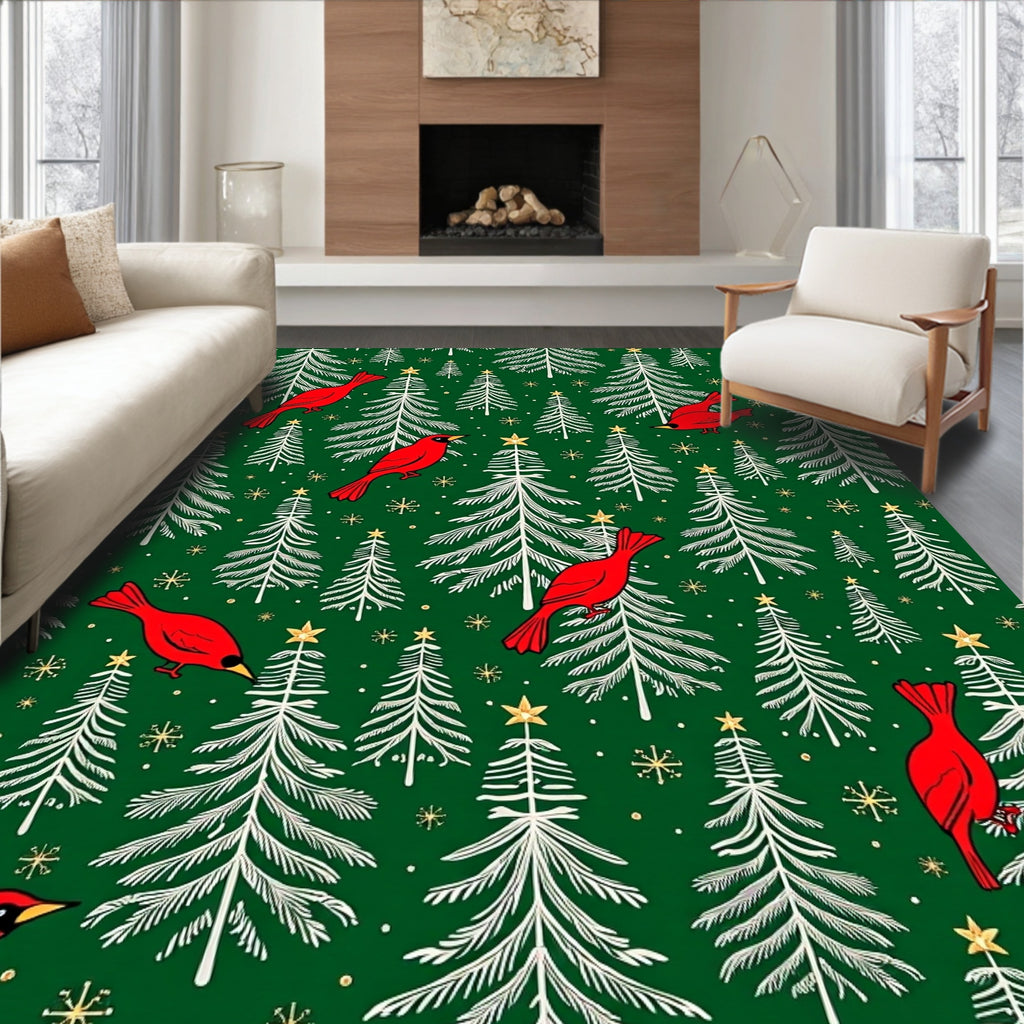 Crimson Cardinals on Pine Forest Background Rug
