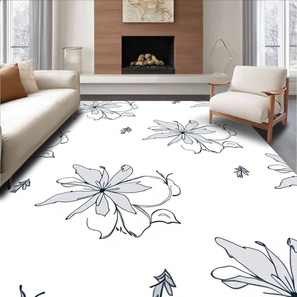 Light Gray Sketchy Floral Vine Rug