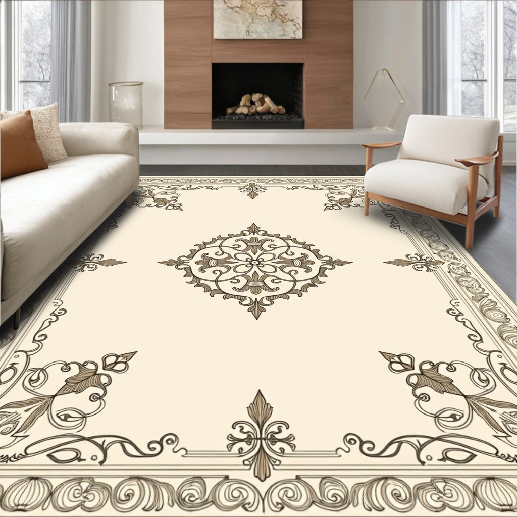 Ornate Scrollwork and Floral Medallion Design Rug