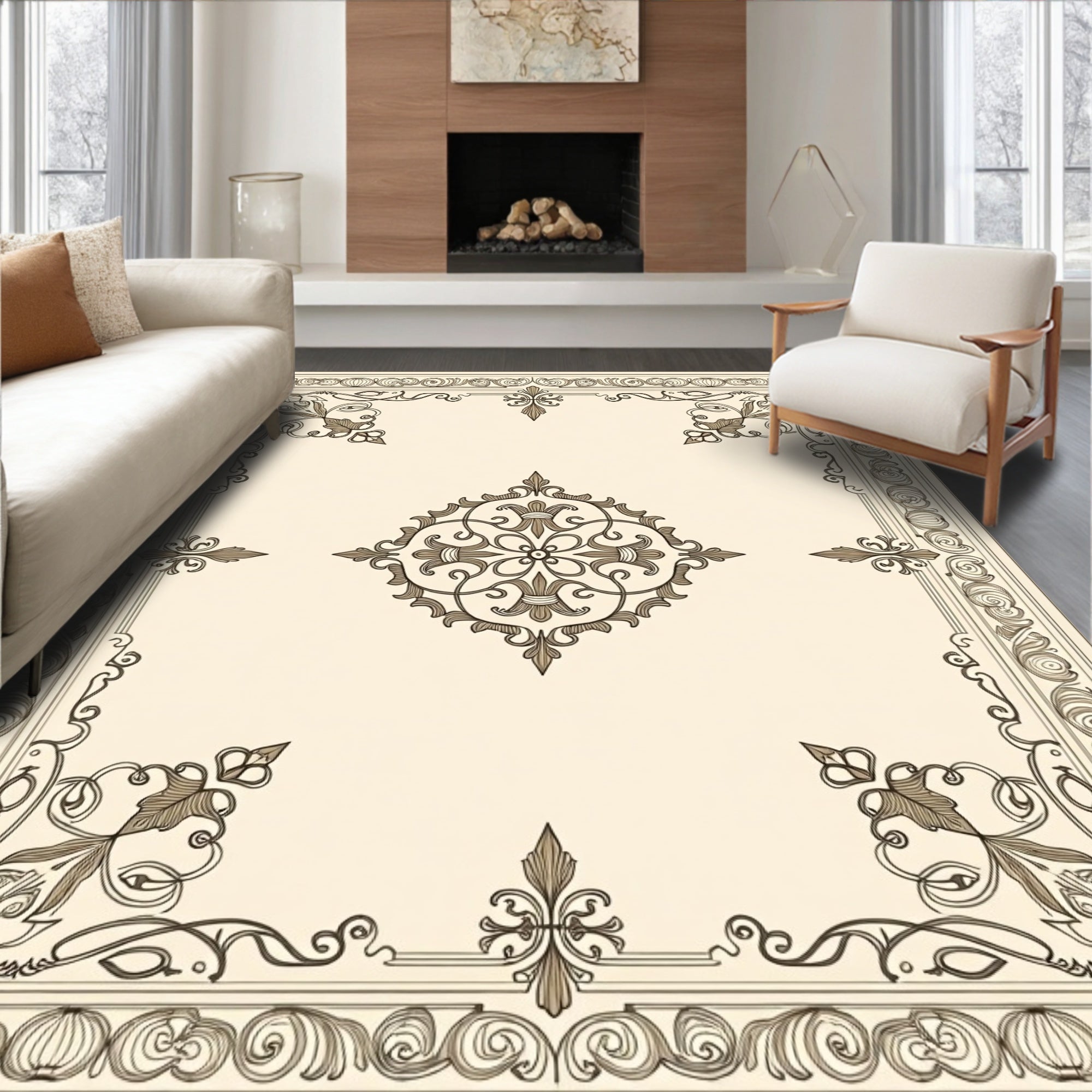 Ornate Scrollwork and Floral Medallion Design Rug