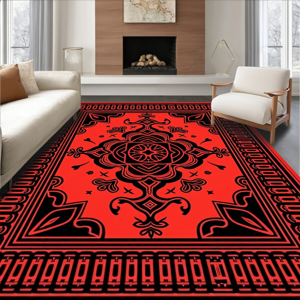 Bold Red Black Floral Art Deco Rug
