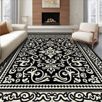 Black Cream Damask Ornamental Rug