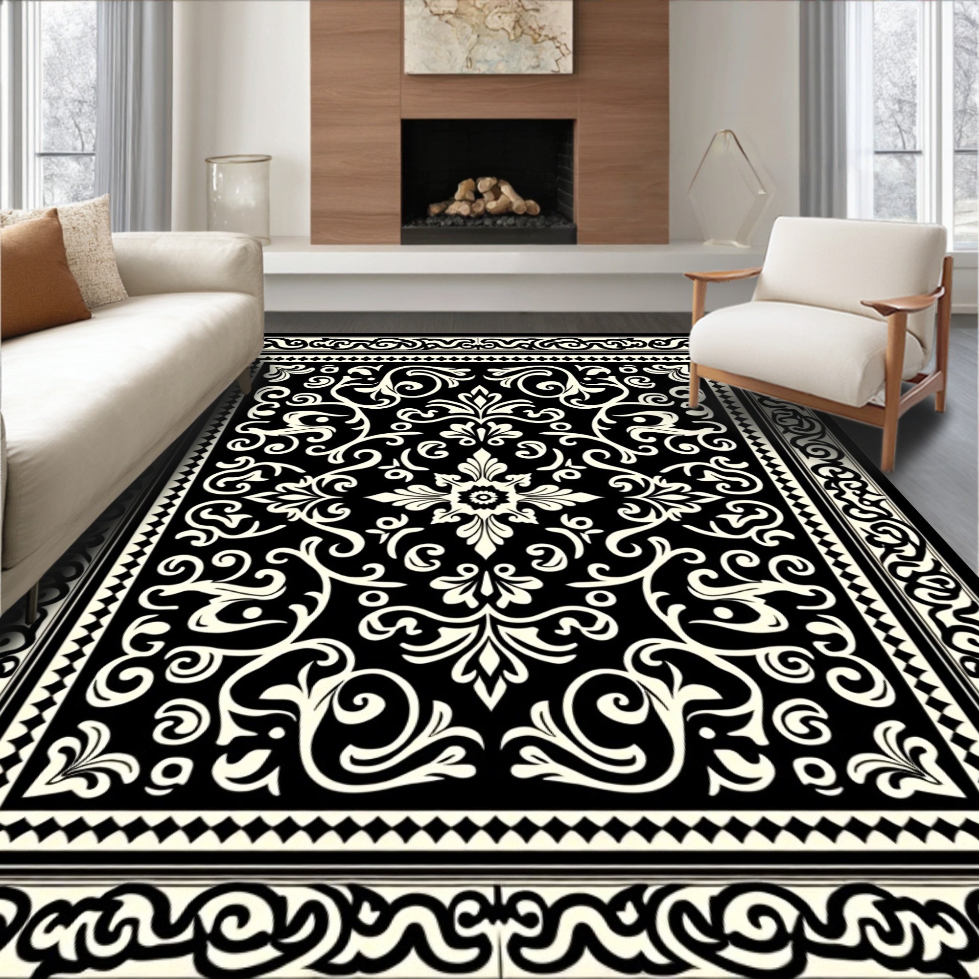 Black Cream Damask Ornamental Rug