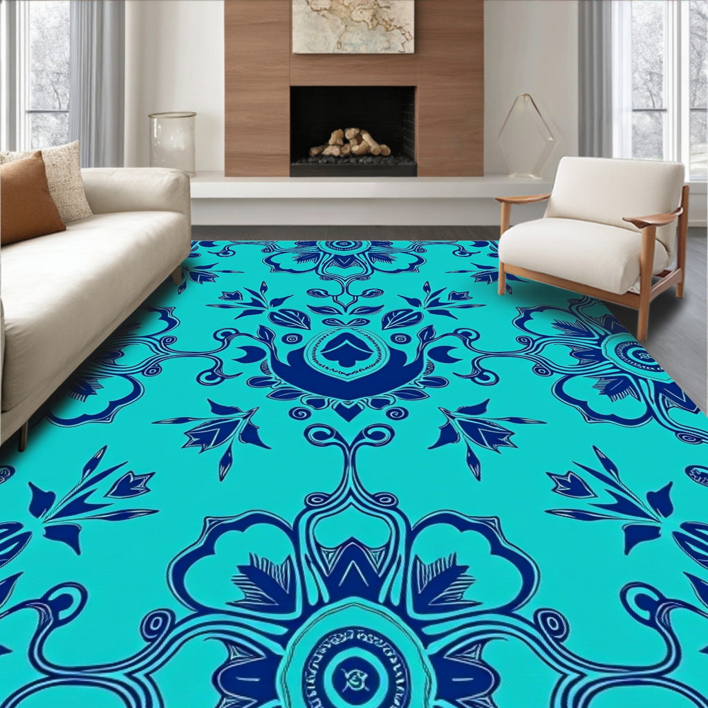 Deep Blue Floral Symmetry Rug