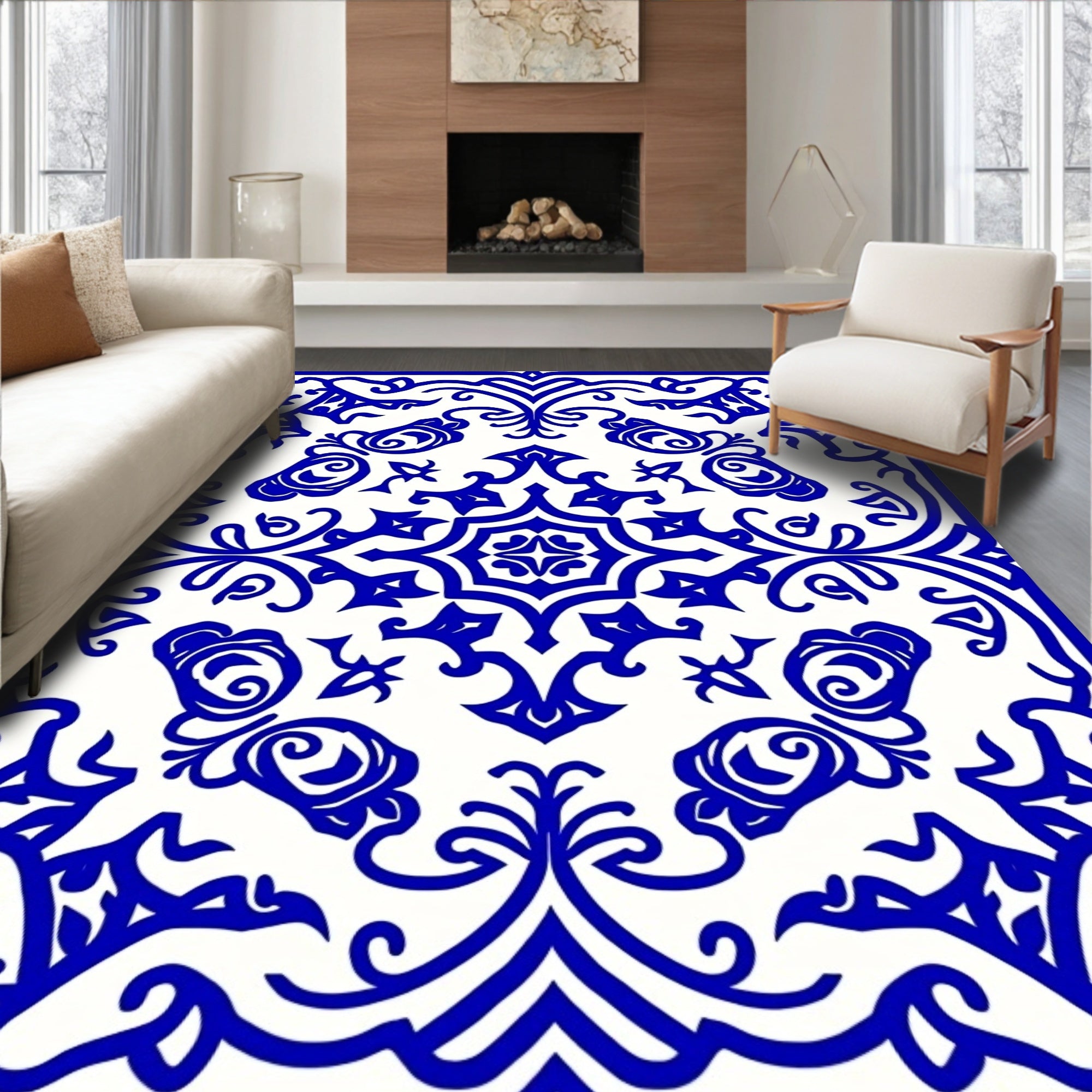 Royal Blue Floral Scroll Pattern Rug