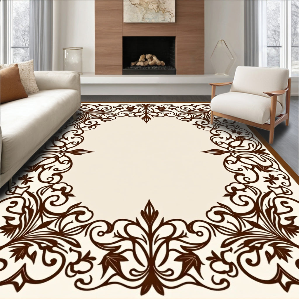 Brown Floral Scrollwork Border Pattern Rug