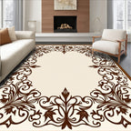 Brown Floral Scrollwork Border Pattern Rug