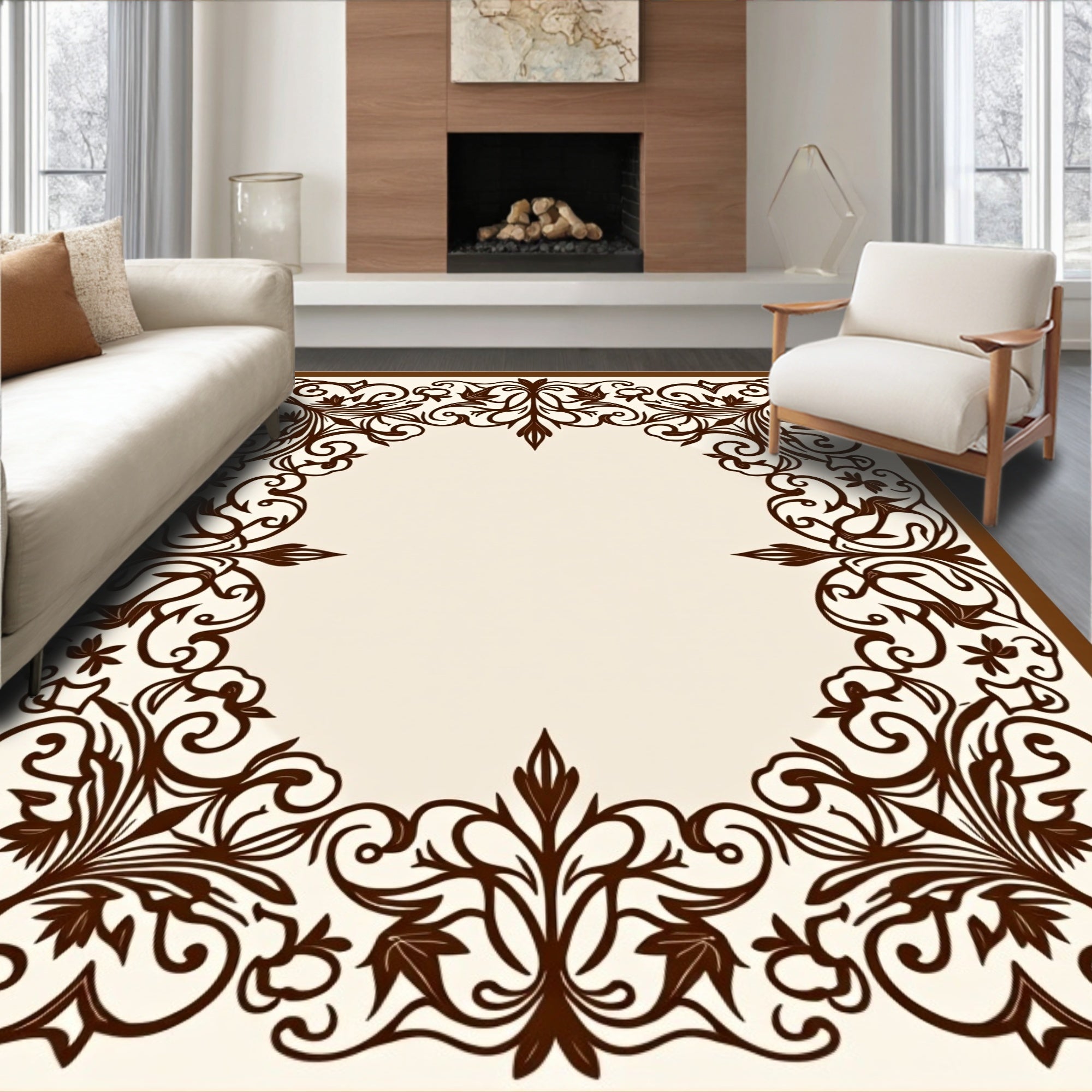 Brown Floral Scrollwork Border Pattern Rug