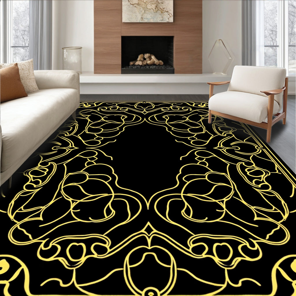 Golden Art Nouveau Floral Scroll Rug