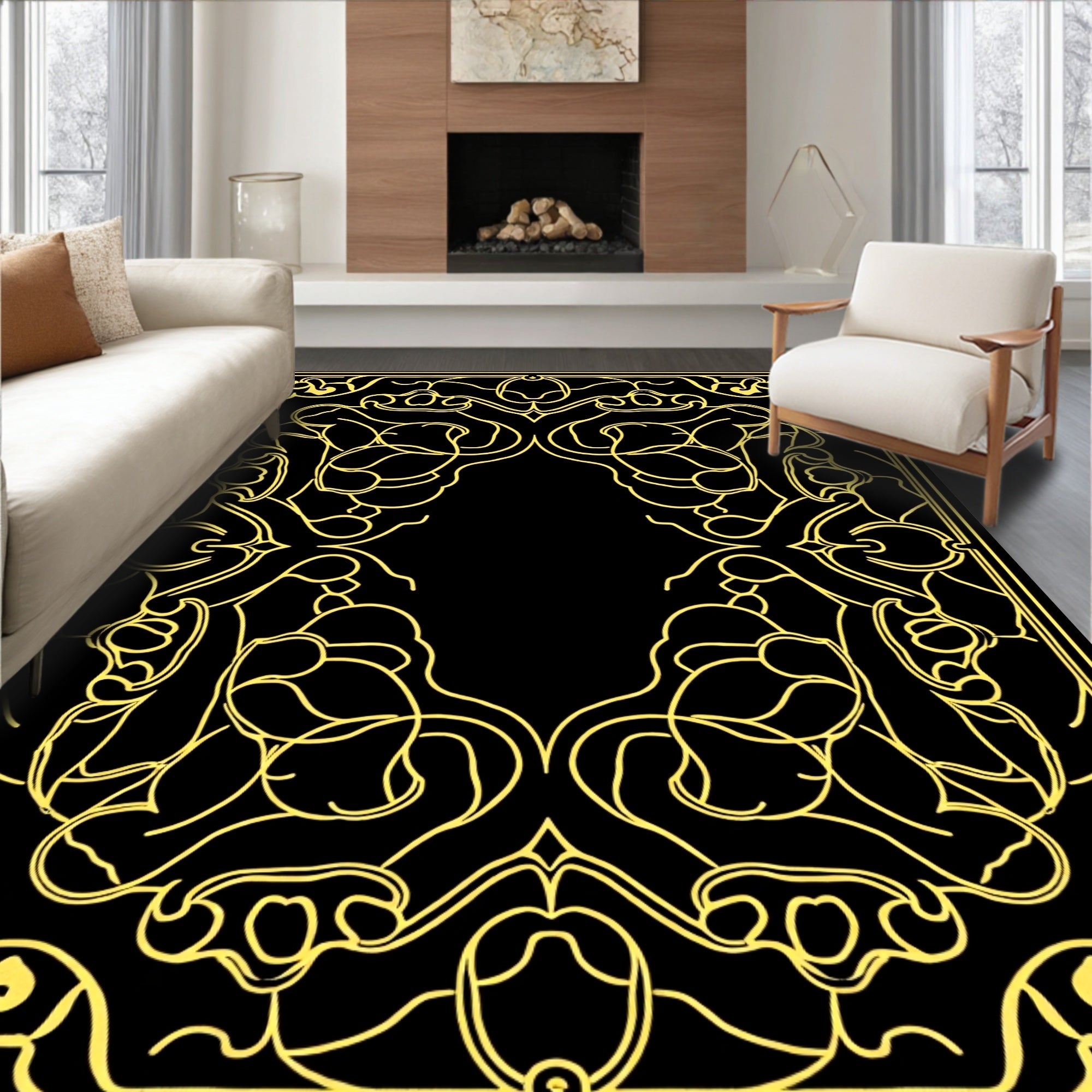 Golden Art Nouveau Floral Scroll Rug