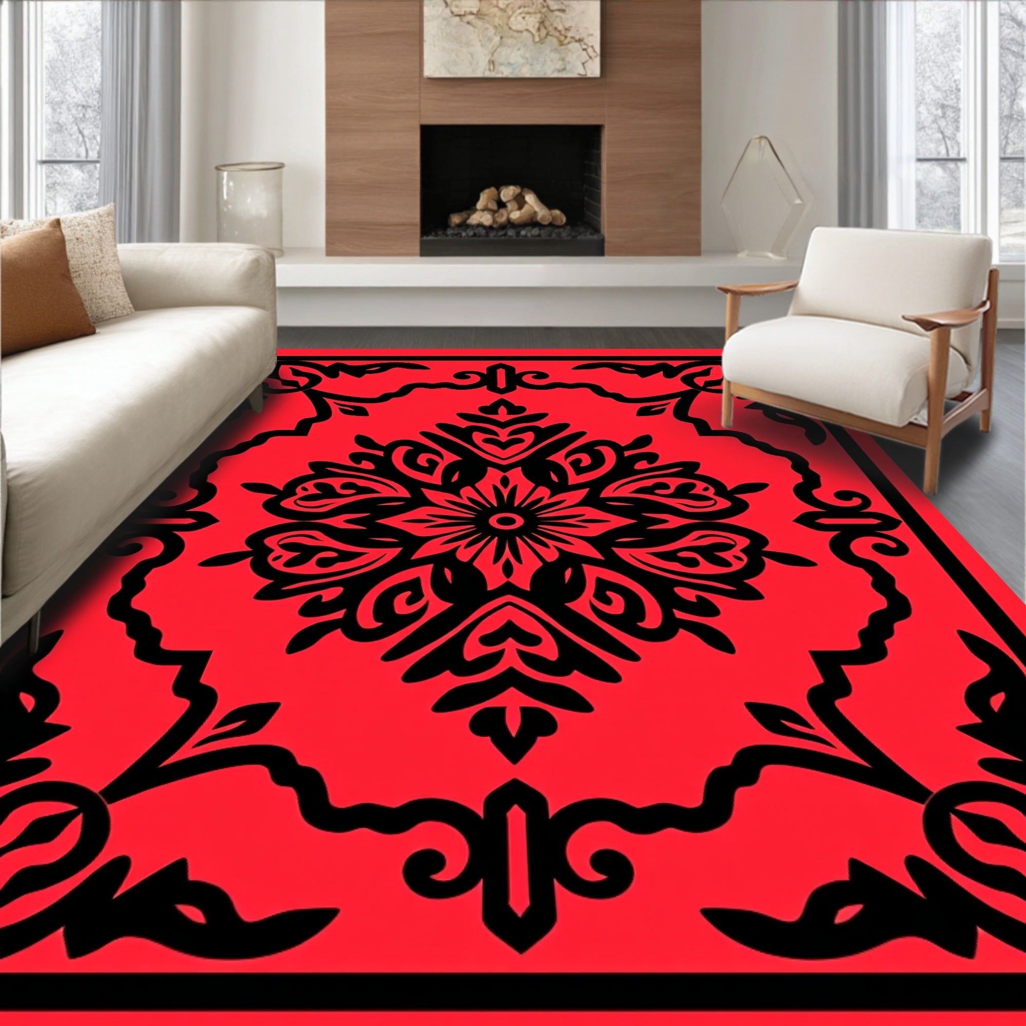 Red Black Ornate Floral Filigree Design Rug