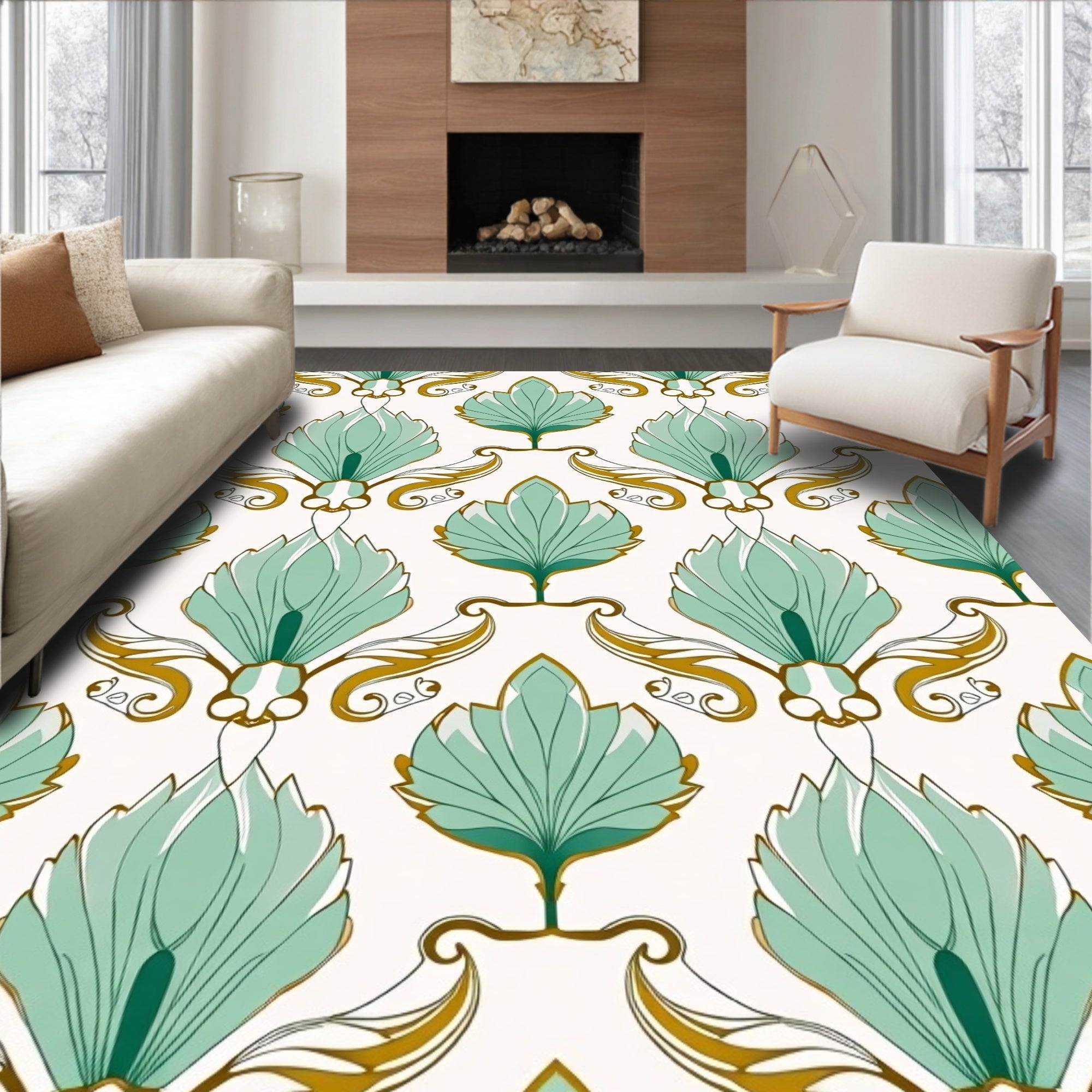 Art Nouveau Floral Leaf Scroll Pattern Rug