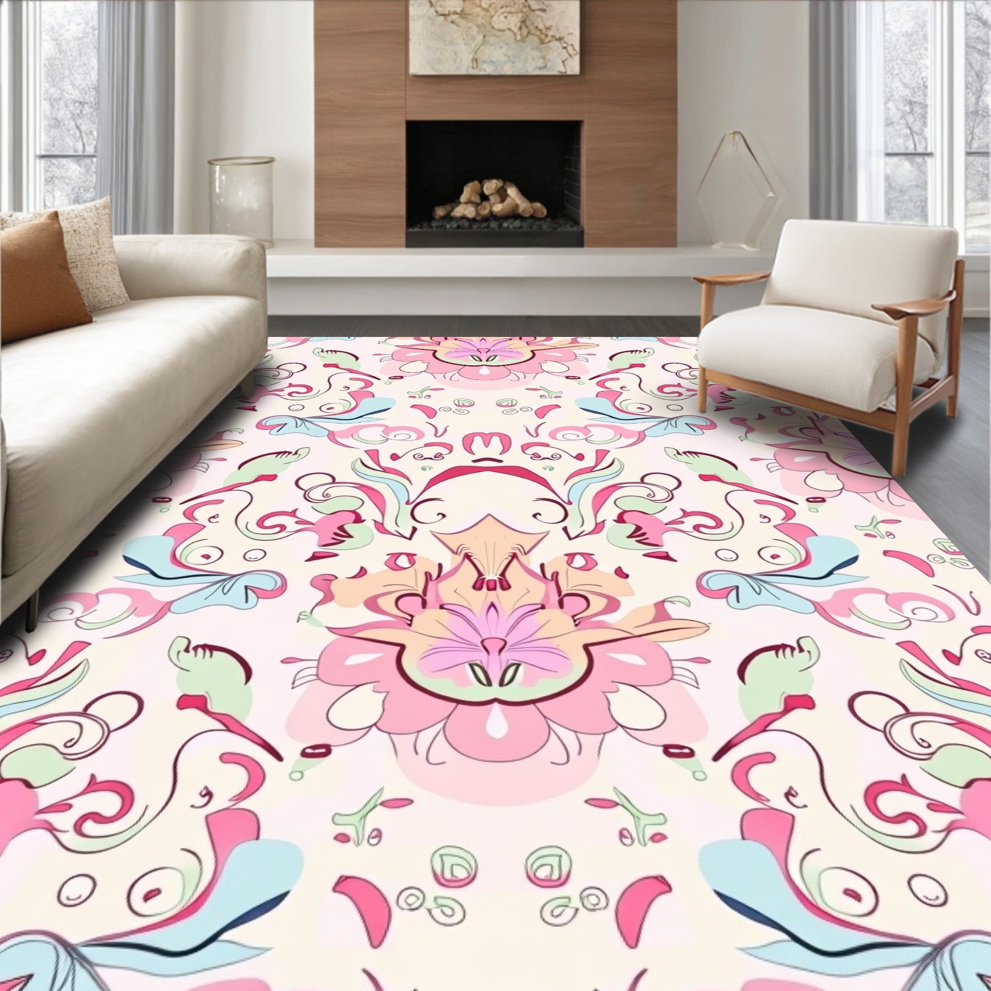 Pastel Floral Scrollwork Pattern Rug