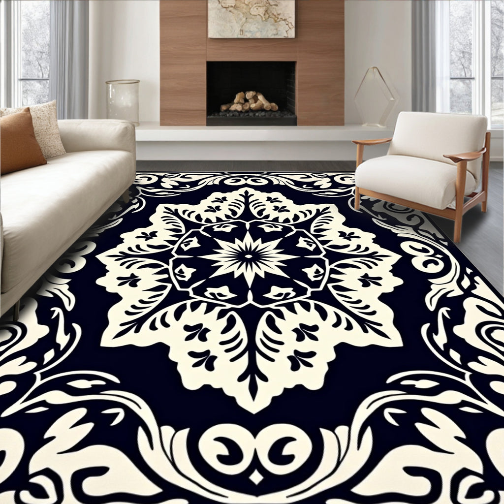 Classic Black White Floral Medallion Design Rug