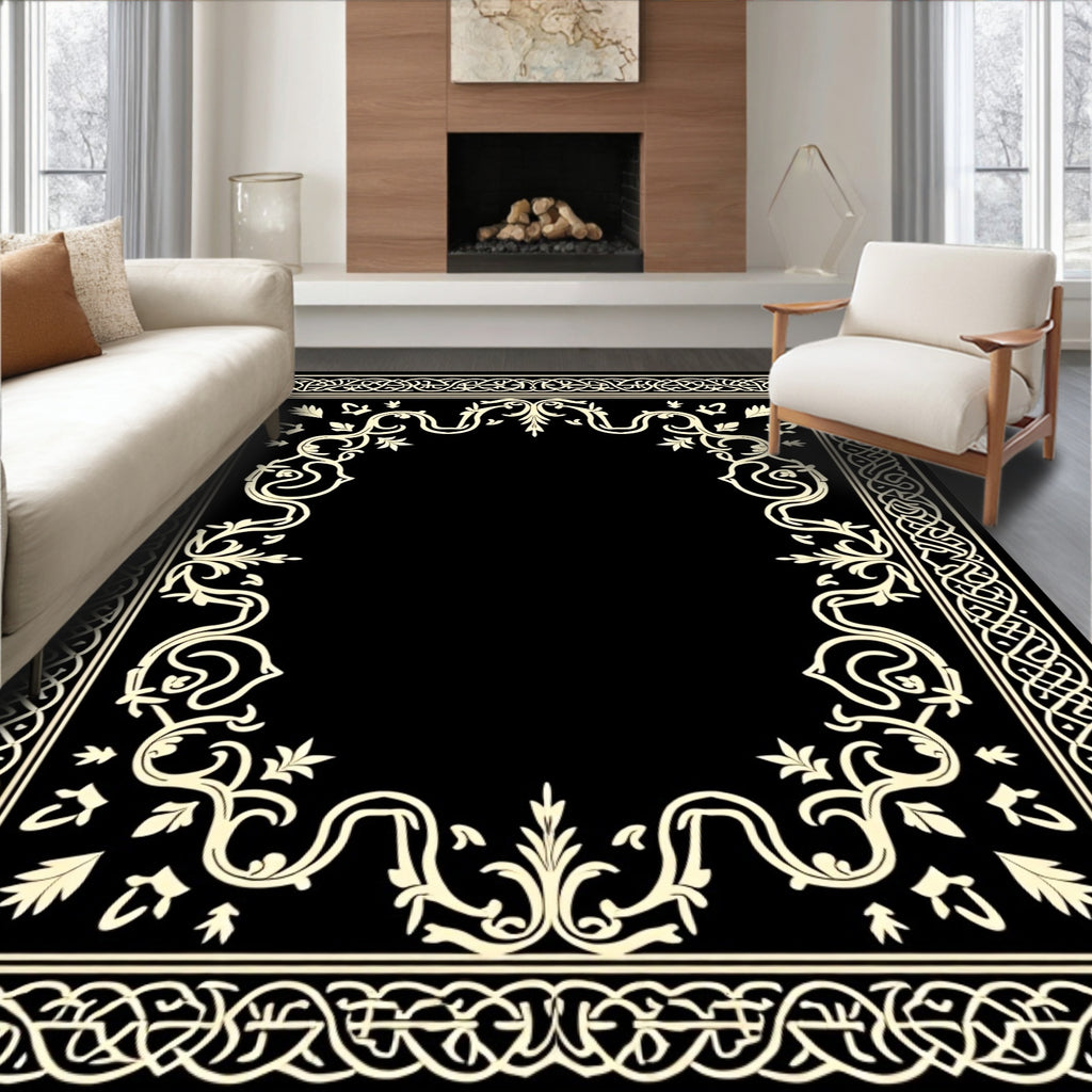 Elegant Black Ivory Scrollwork Border Rug