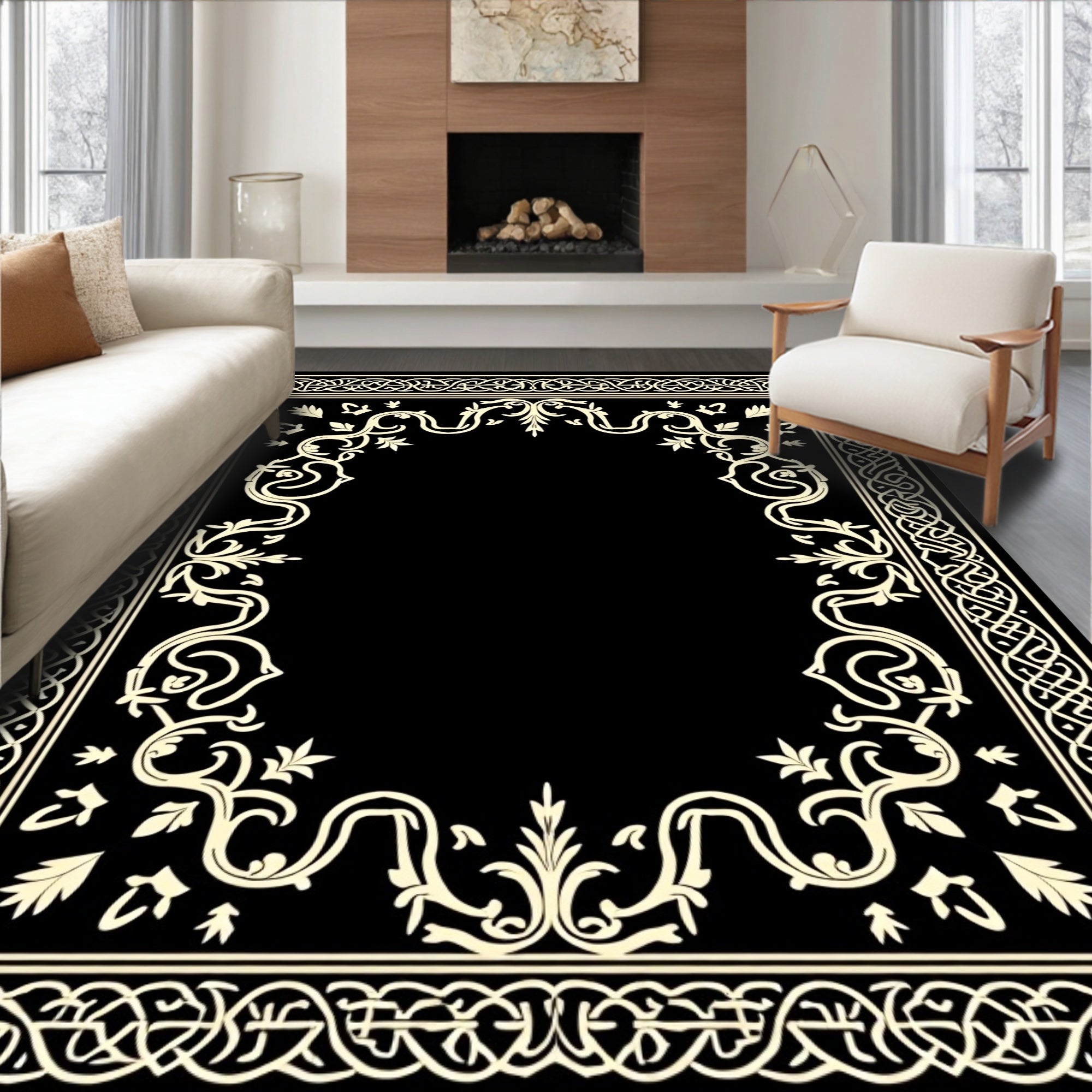 Elegant Black Ivory Scrollwork Border Rug