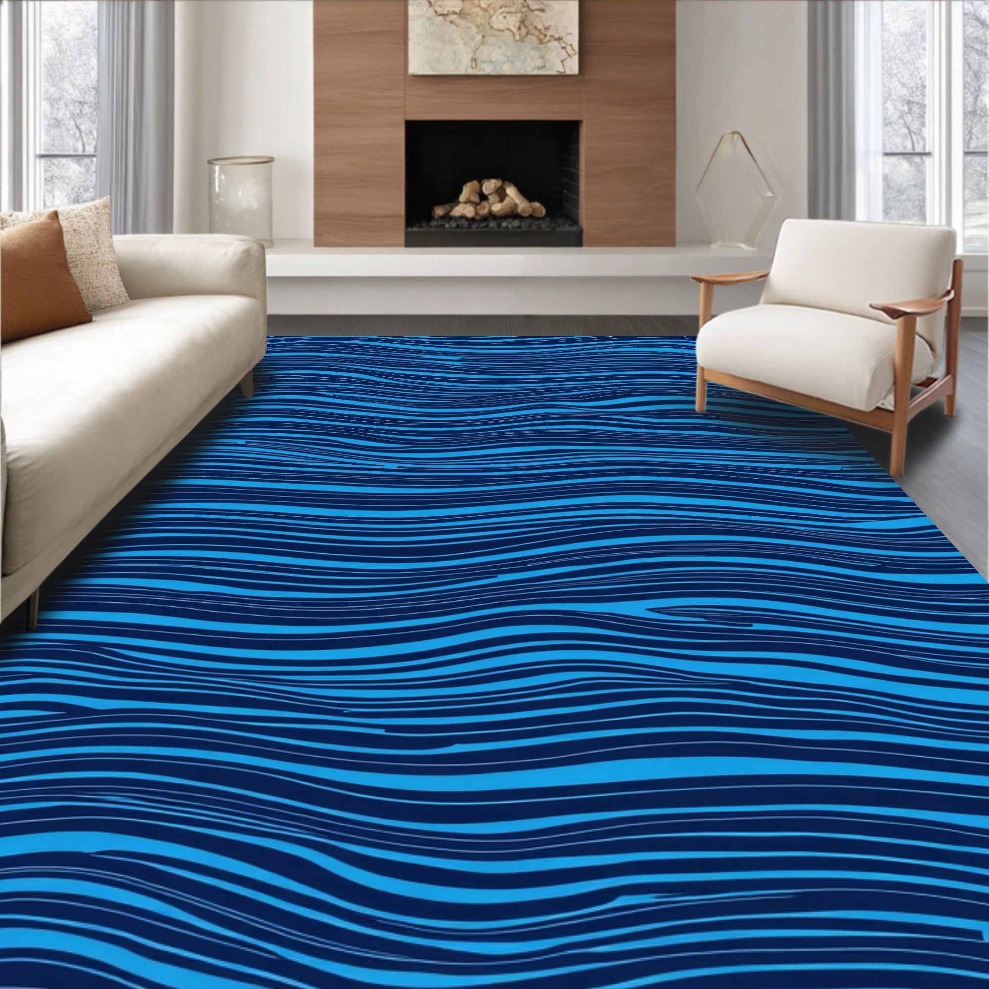 Navy Blue Abstract Wave Pattern Rug