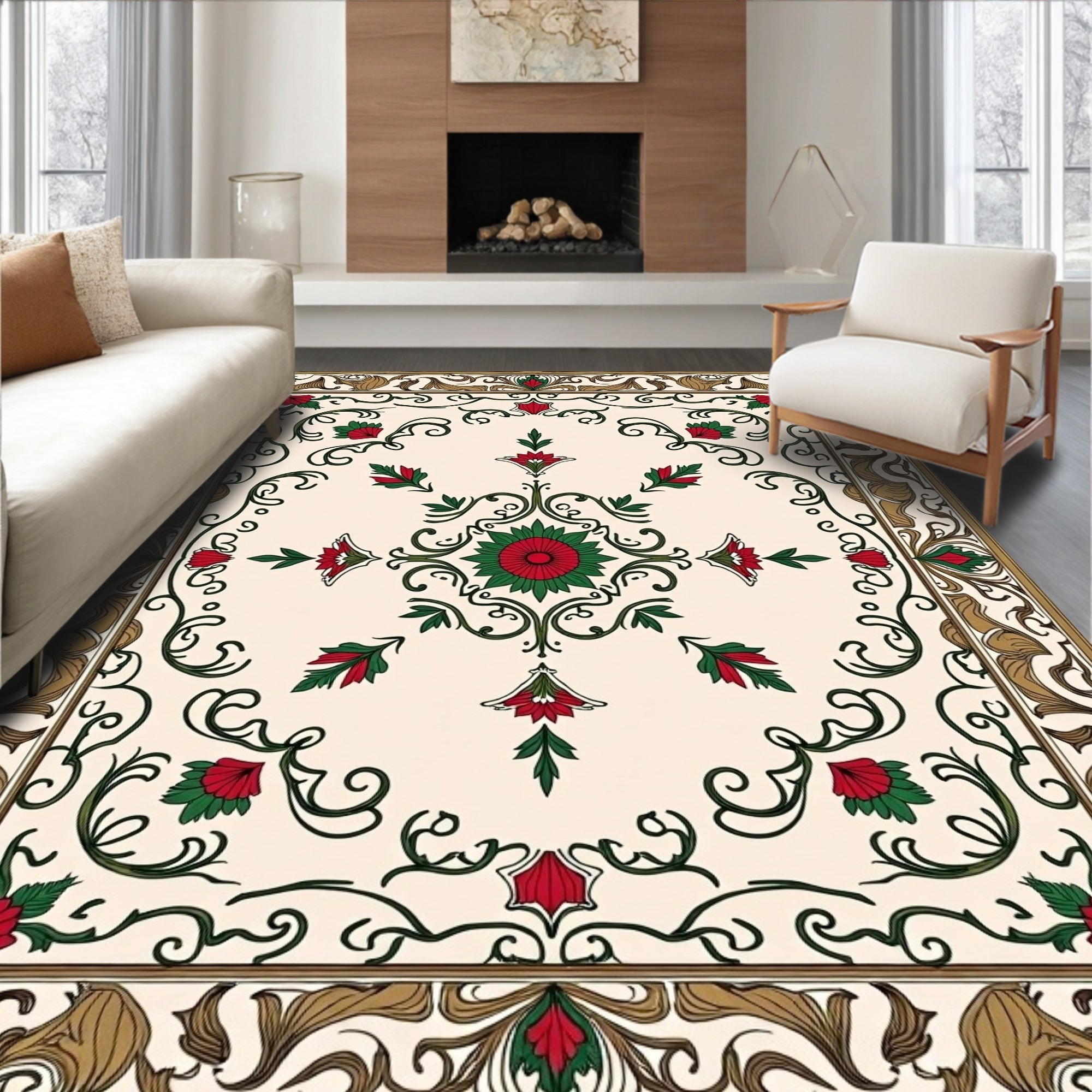 Ornate Floral Swirl Red Green Accents Rug