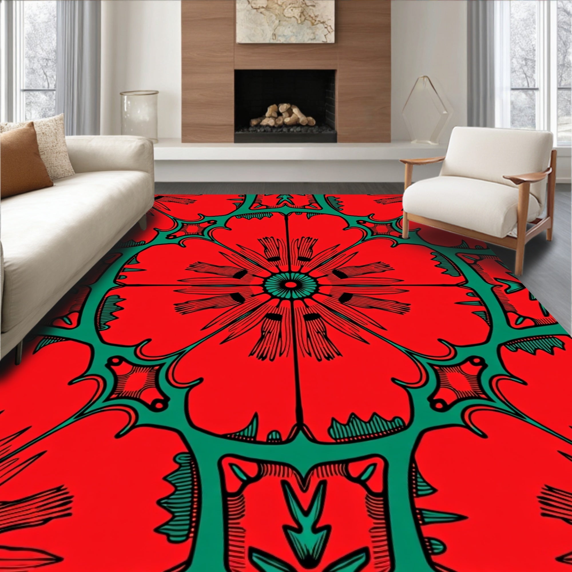 Bold Red and Teal Floral Design Rug