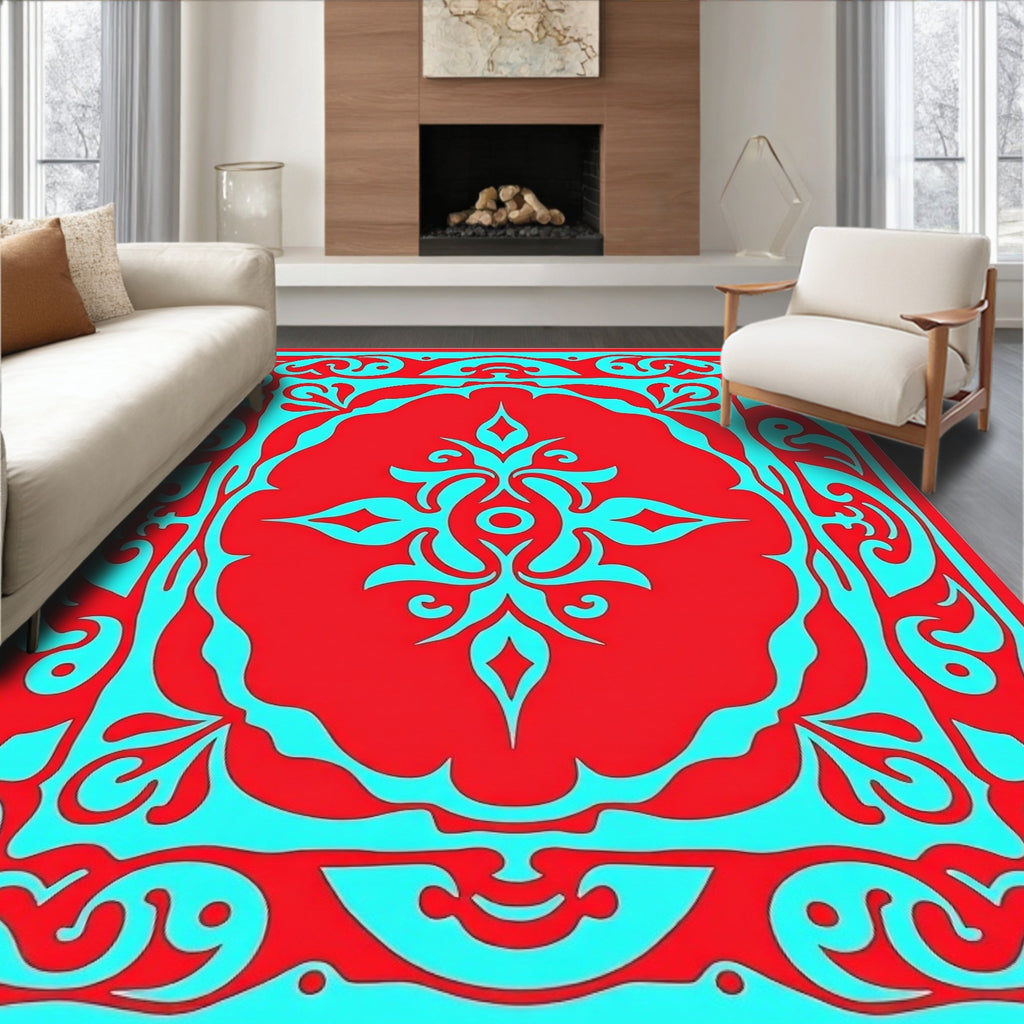 Ornate Red Cobalt Scrollwork Design Rug