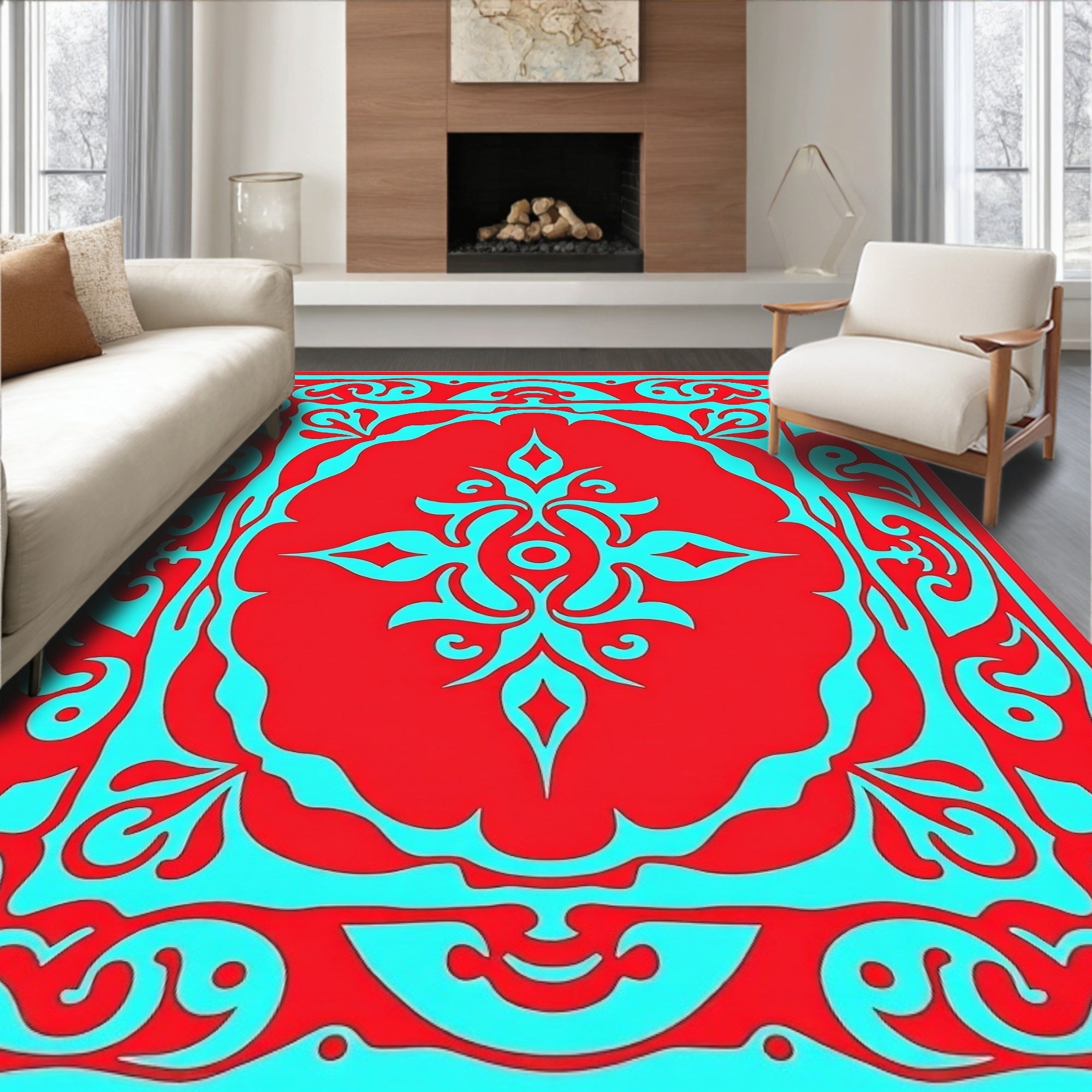 Ornate Red Cobalt Scrollwork Design Rug
