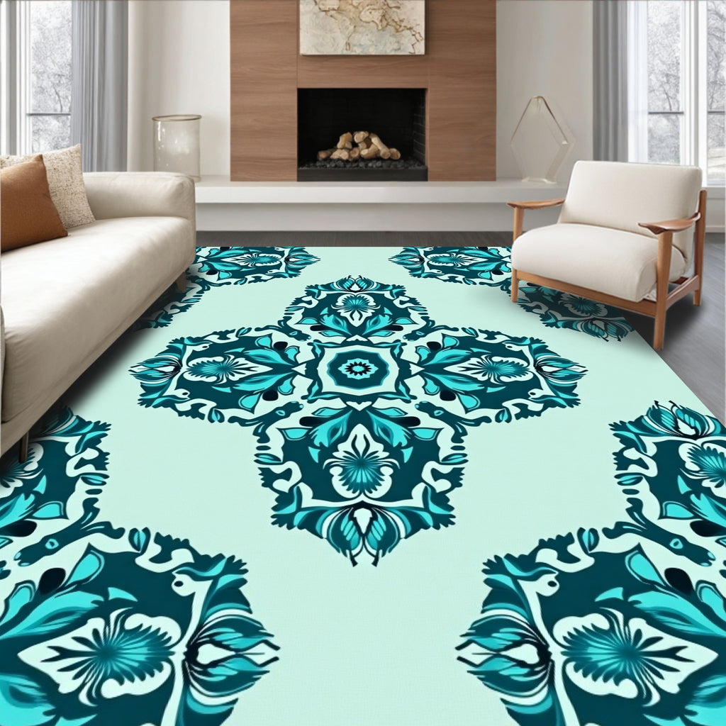Teal Floral Medallion Pattern Rug