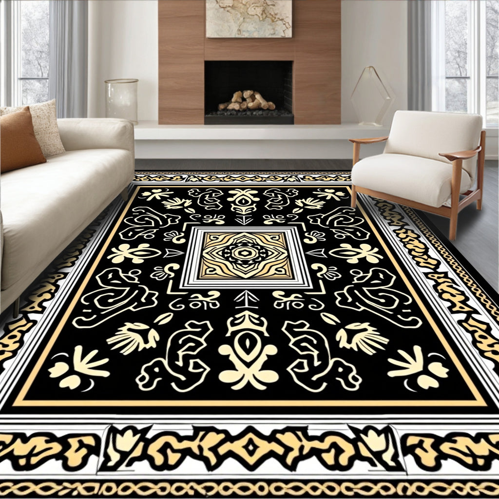 Ornate Black Gold Floral Design Rug