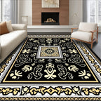 Ornate Black Gold Floral Design Rug