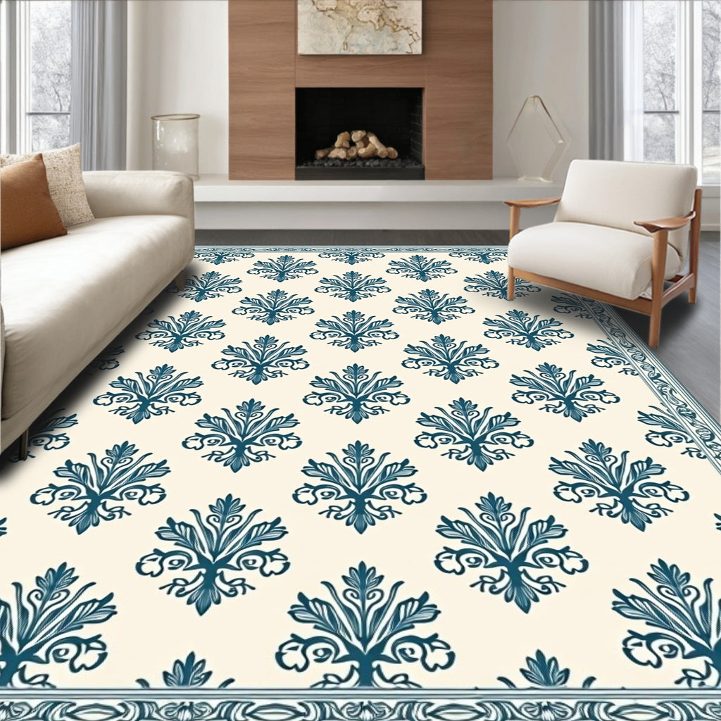 Classic Blue Floral Damask Pattern Rug