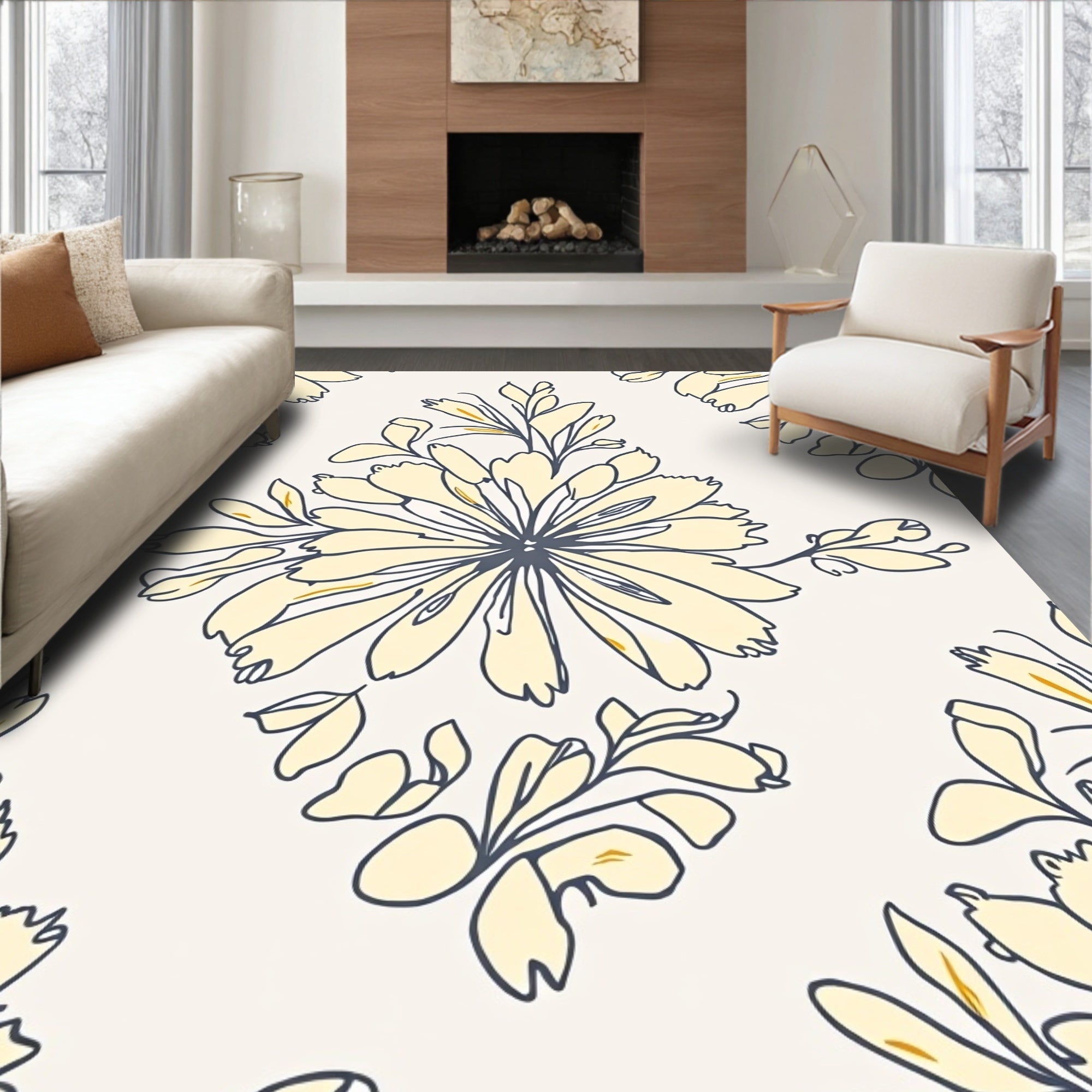 Soft Yellow Watercolor Floral Pattern Rug