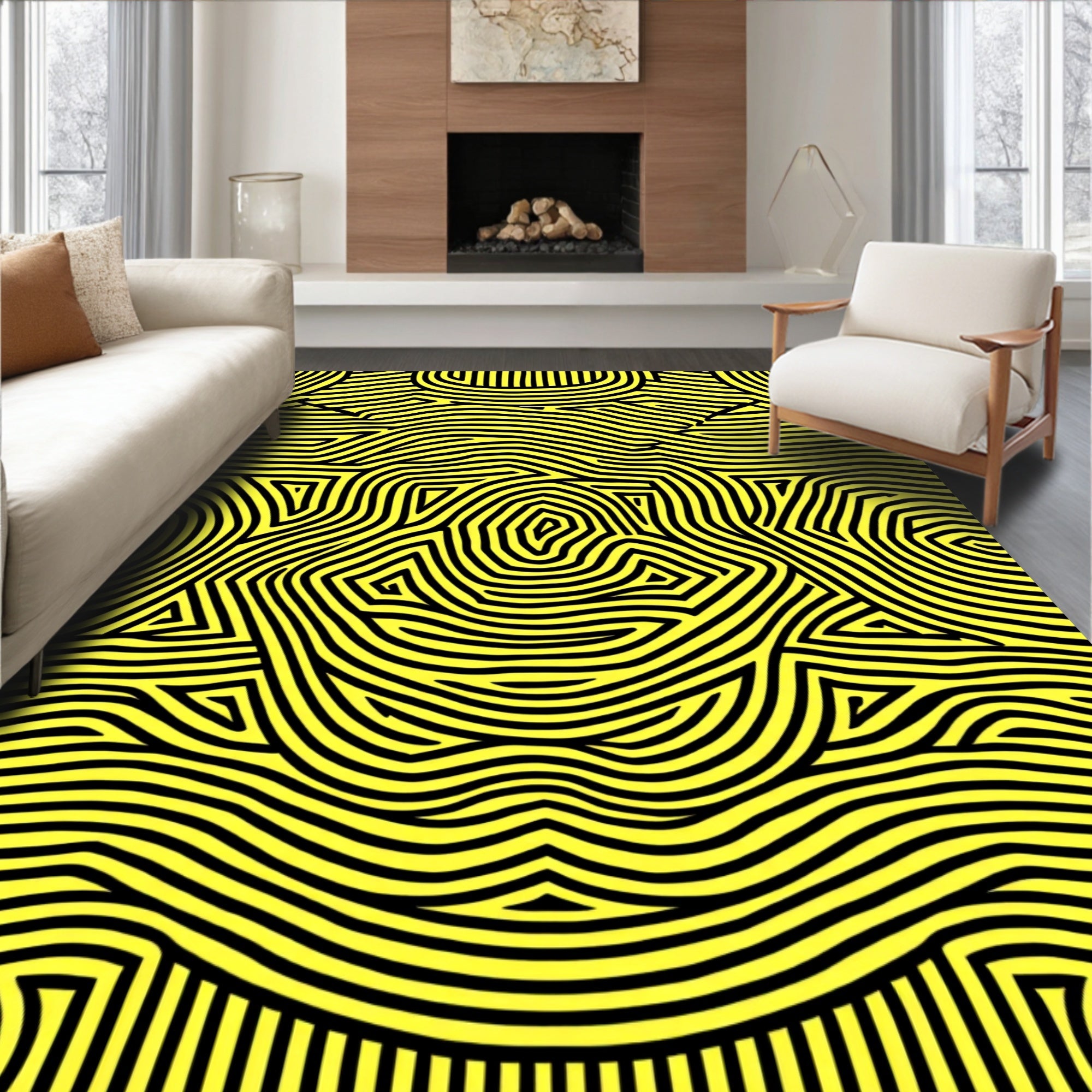 Bold Black Yellow Maze Pattern Rug