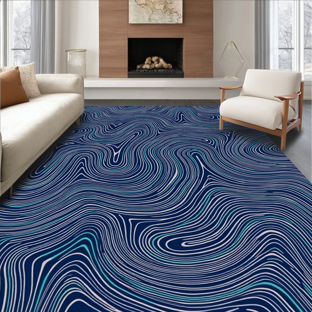 Deep Blue Wavy Topographical Lines Rug